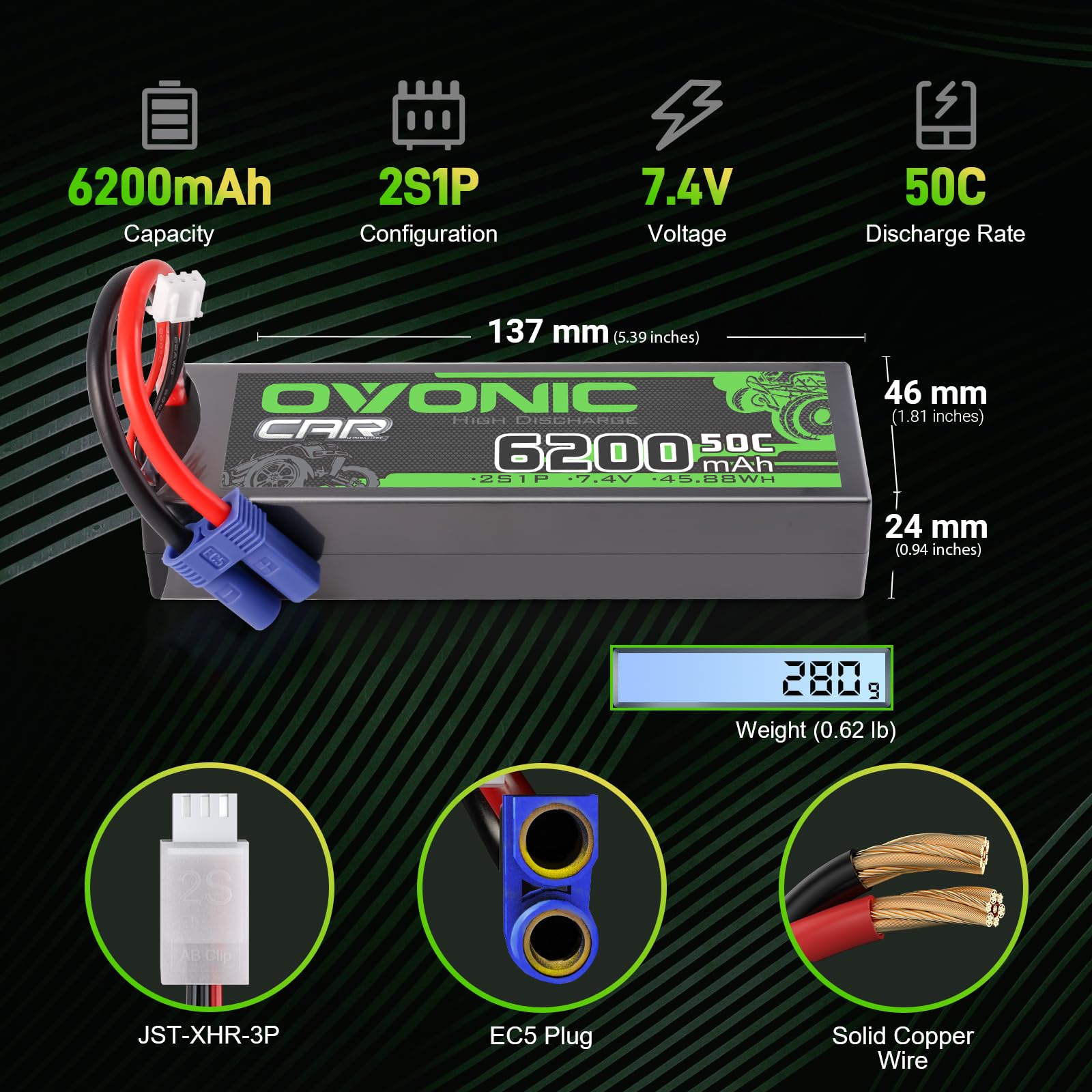 OVONIC 2S Lipo akumulator 6200 mAh 7,4 V 50C EC5 twarda obudowa do RC