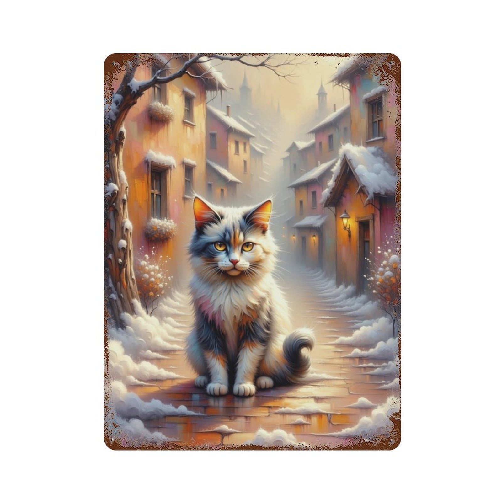 Winter Village Cat Distressed Metal Wall Sign 15.7"x11.8", Shabby Chic Decor for Garage, Pub Or Kitchen