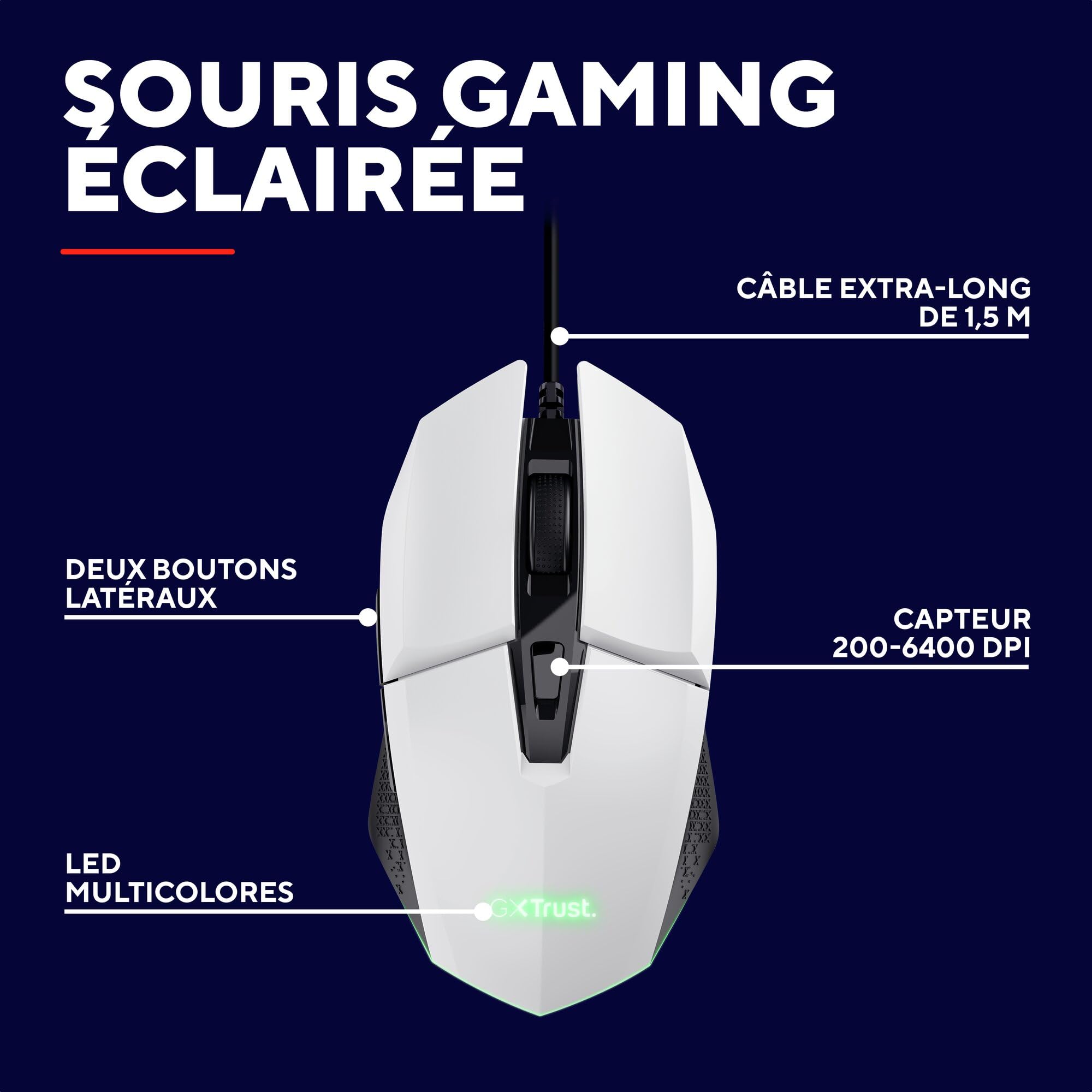 GXTrust 1109W Vylax Gaming Mouse with 6 Programmable Buttons, Multi-Color LED Lighting, 200-6400 DPI, USB Cable 150 cm, Wired - 1