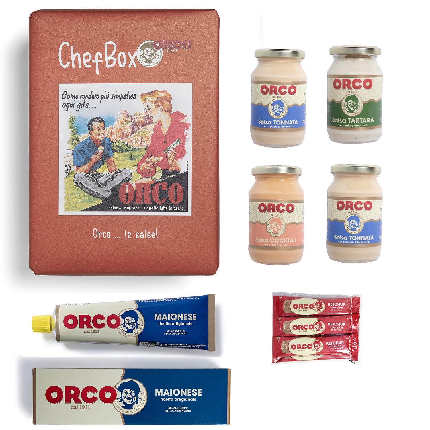 Orco, Chef Box Salse - Confezione Degustazione di varie Salse: Tonnata, Cocktail, Tartara, Ketchup, Maionese - senza Glutine