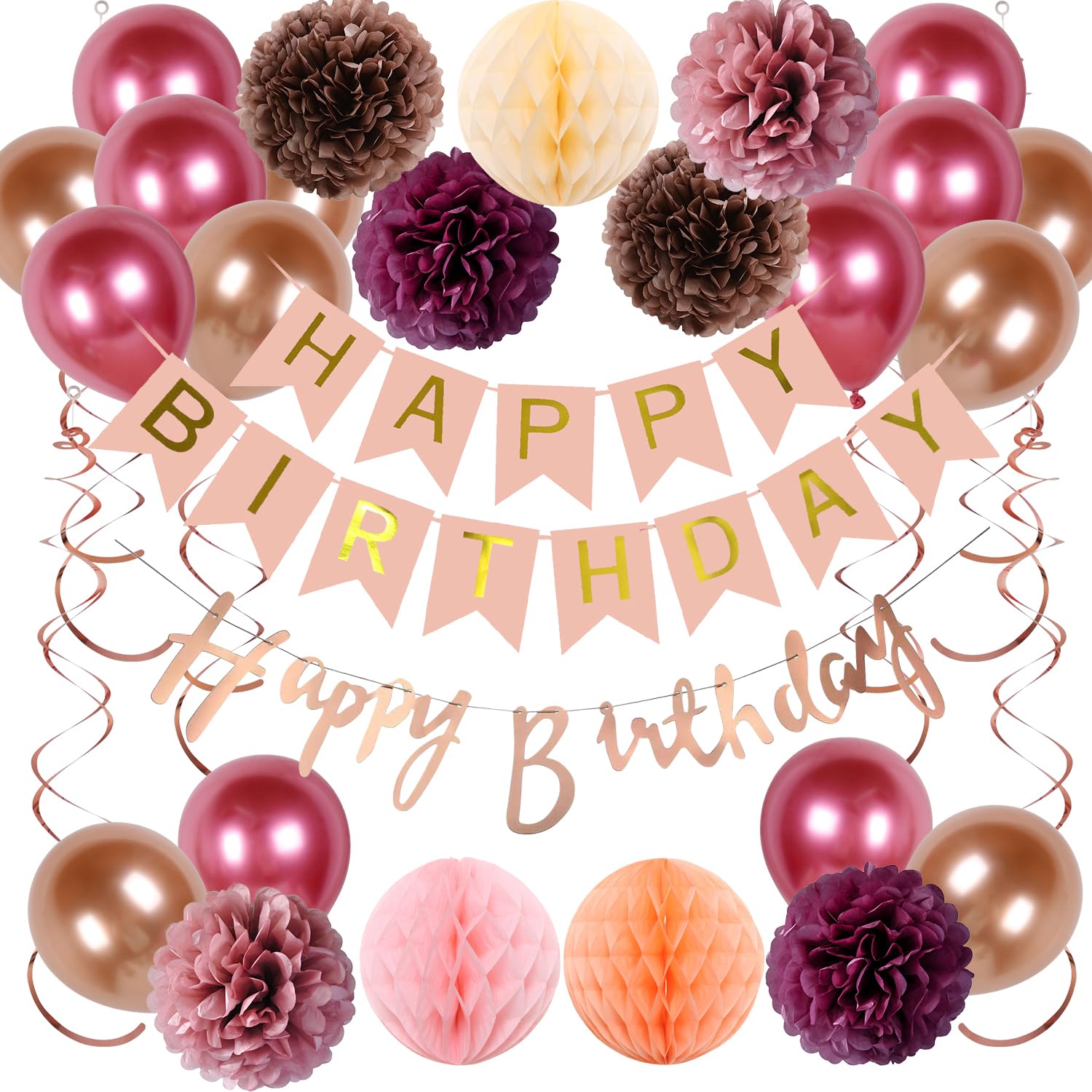 Set di palloncini decorativi per compleanno, ghirlanda di palloncini e spirali, decorazione di compleanno, pompon di carta, Honeycomb per ragazze e donne