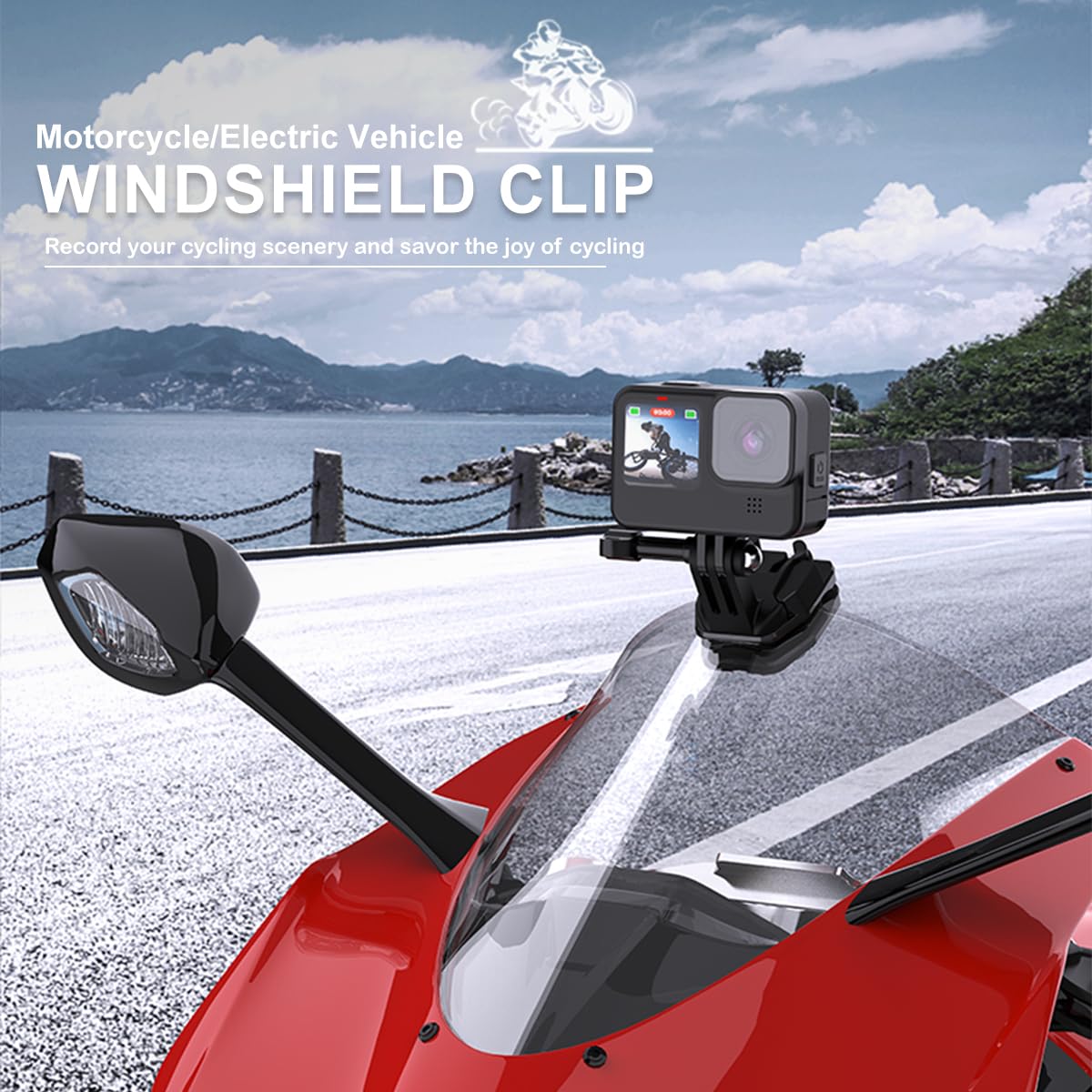 Supporto a clip per parabrezza moto a sgancio rapido con braccio magico universale per GoPro Hero 12 11 10 9 8 7, Insta360 X4 X3 X2 X ONE RS R, DJI Osmo Action, smartphone