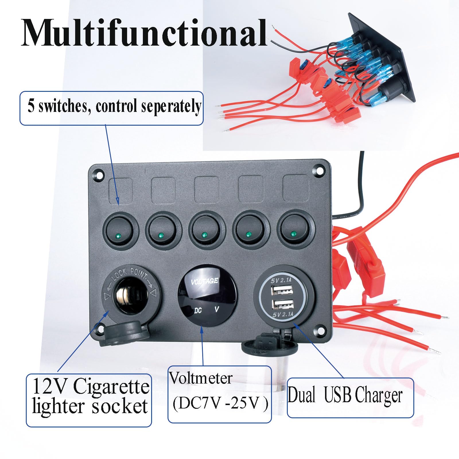12V Pannello Interruttori Marine Barca Interruttore a levetta 2 Caricatore USB Accendisigari Voltmetro LED Digitale impermeabile (Blu)