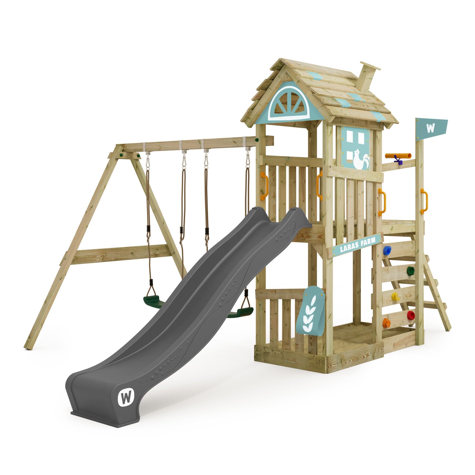 WICKEY FarmFlyer Spielturm – Pastellblau mit Sandkasten, Schaukel & Rutsche (Podesthöhe 120 cm)