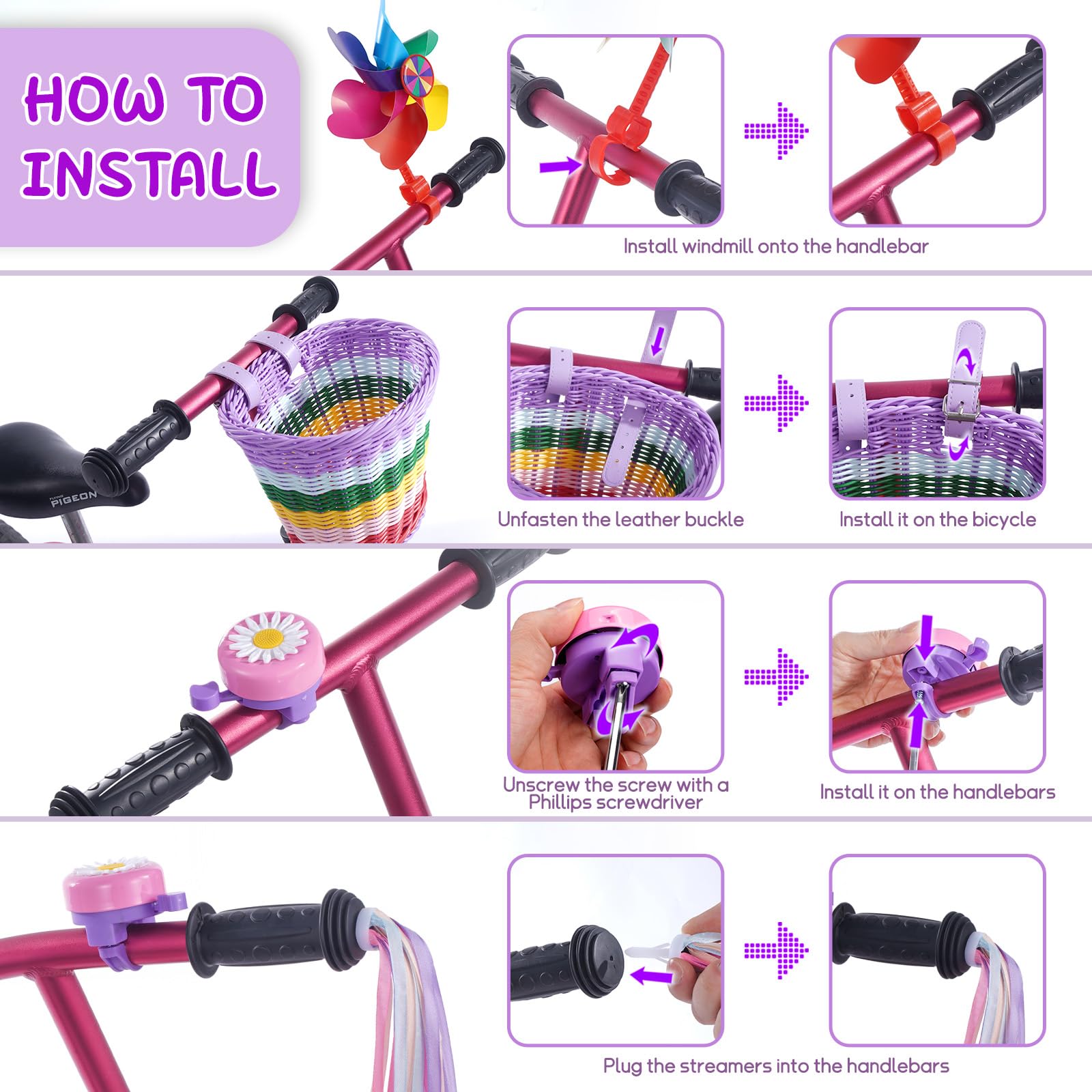 Panier de vélo pour Enfant - Accessoire Avant de vélo pour Filles et garçons - Panier de vélo en Tissu avec Autocollants, Sonnette, Moulin à Vent et 1 Paire de Rubans colorés avec Pompons