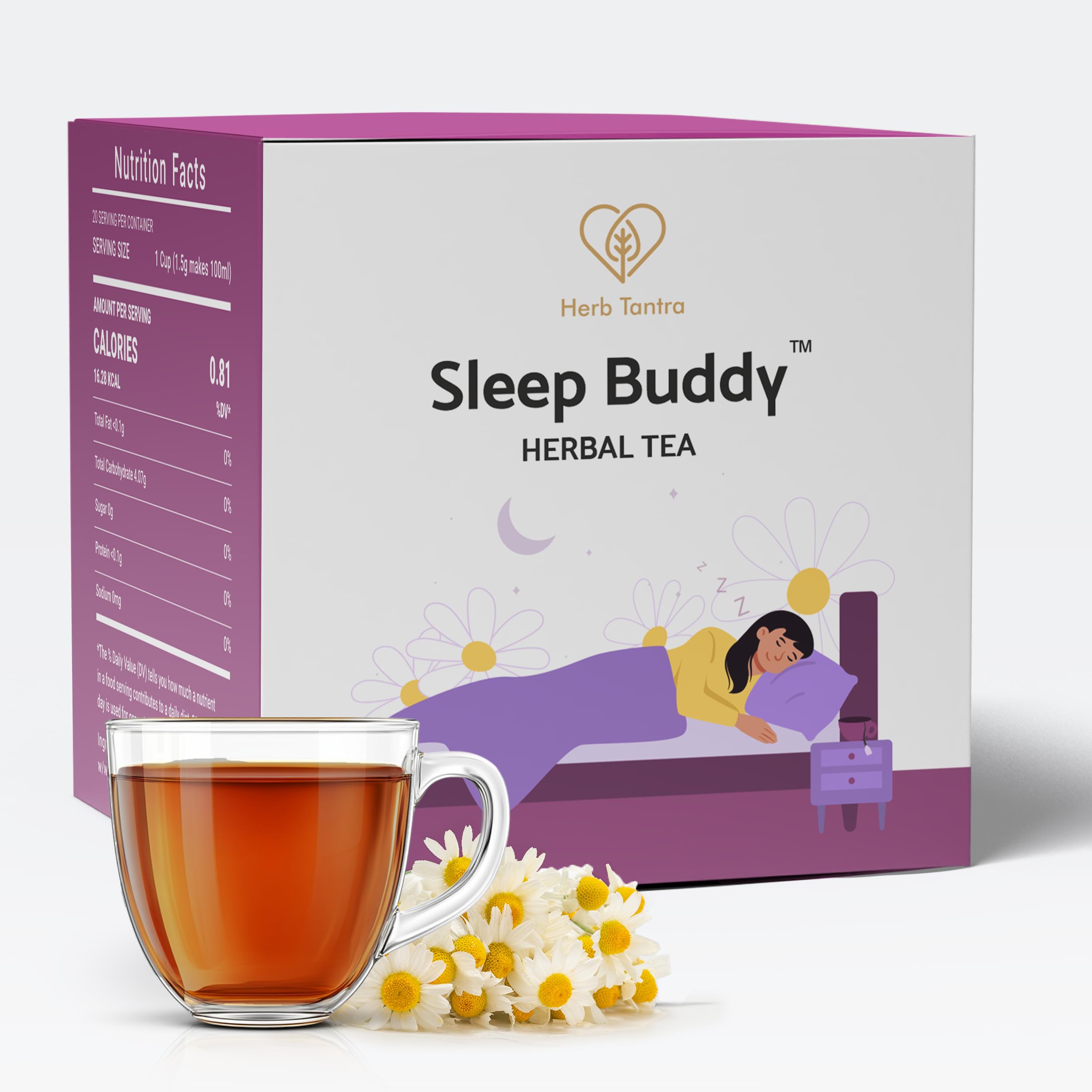 Herb Tantra Sleep Buddy Herbal Tea (20 teabags) | Relaxing Night Time Infusion of Chamomile, Valerian Root, Ashwagandha for Insomnia Relief & Peaceful Sleep