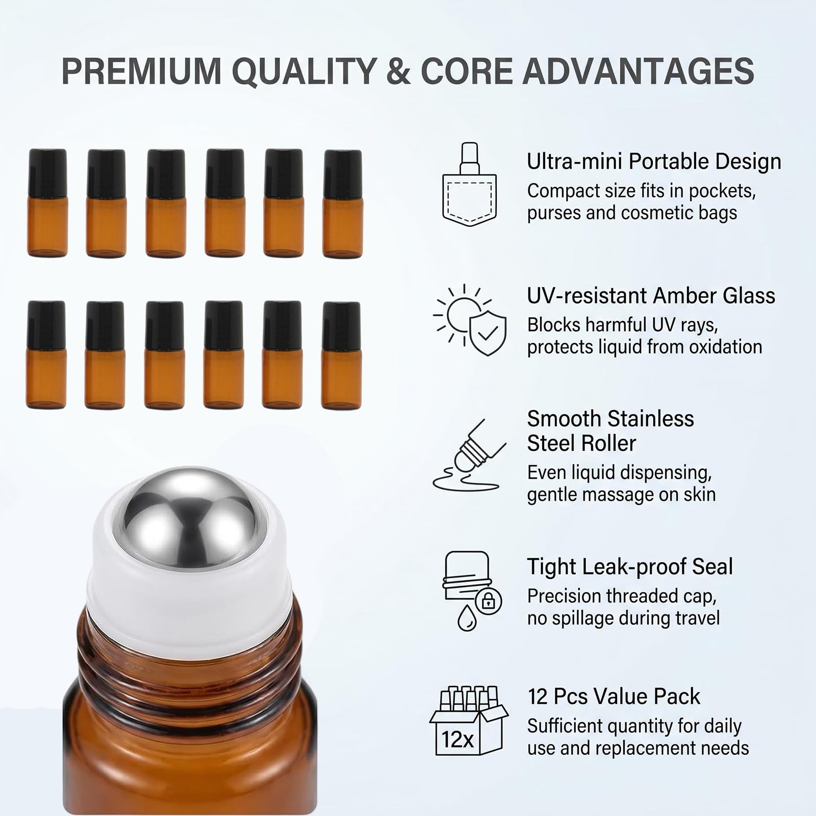 12 botellas pequeñas vacías de vidrio ámbar portátiles de 2 ml, para cosméticos, maquillaje, tamaño de viaje, frascos de almacenamiento, frascos enrollables para aceites esenciales, aromaterapia,