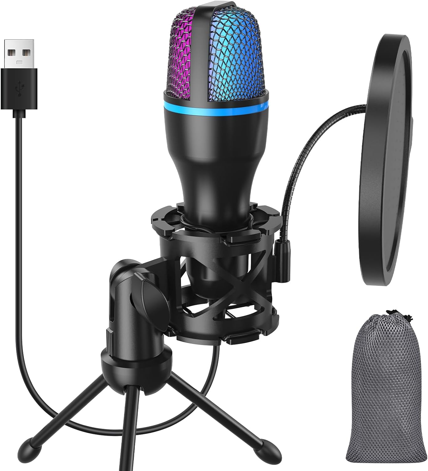 USB-Microphone for Computer/PC Gaming – Entry Level Cardioid Condenser Mic with Tripod Stand, Pop Filter, RGB Lighting Perfect for Streaming, Podcasting, Vocal Recording on YouTube, Skype, and PS4