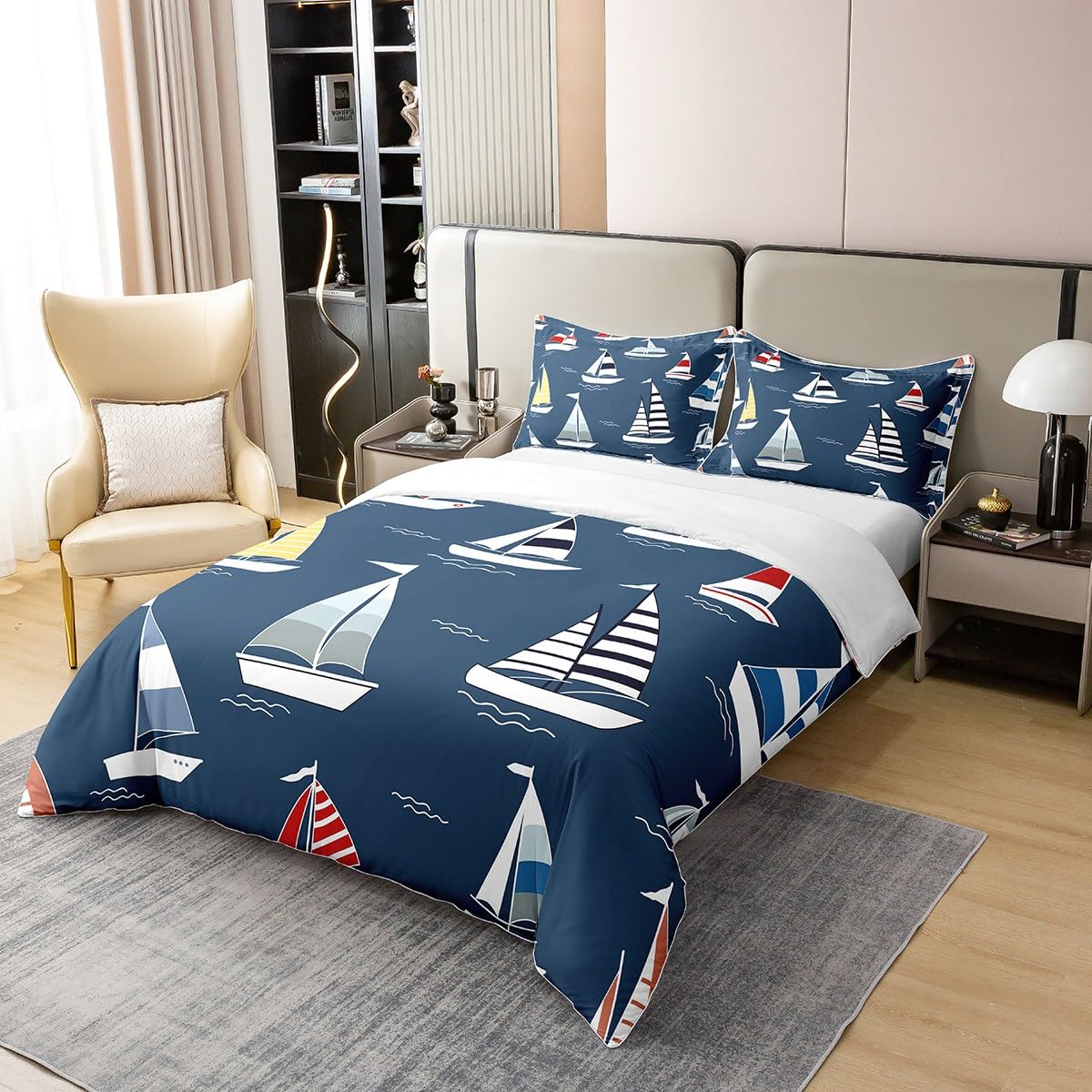 Loussiesd Kids Boat 100% Cotton Duvet Cover King Size Nautical Bedding Cotton Duvet Cover Set Ocean Themed Comforter Cover Set Navy Blue Bedspread Cover - Image 2