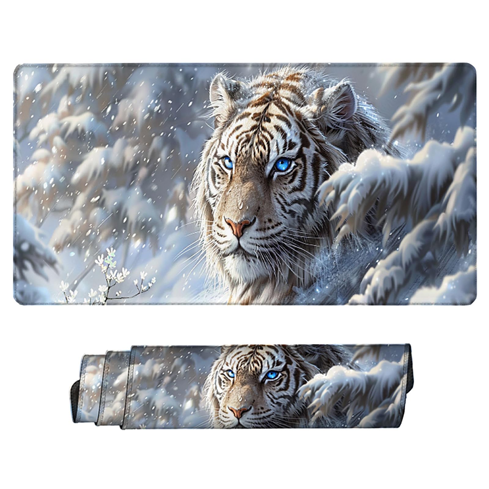 Biała podkładka pod mysz XXL, podkładka na biurko, 1200 x 600 cm, szyte krawędzie, gumowa podstawa, biała, tygrys, podkładka pod mysz, stabilna przyczepność na gładkich powierzchniach, poprawia