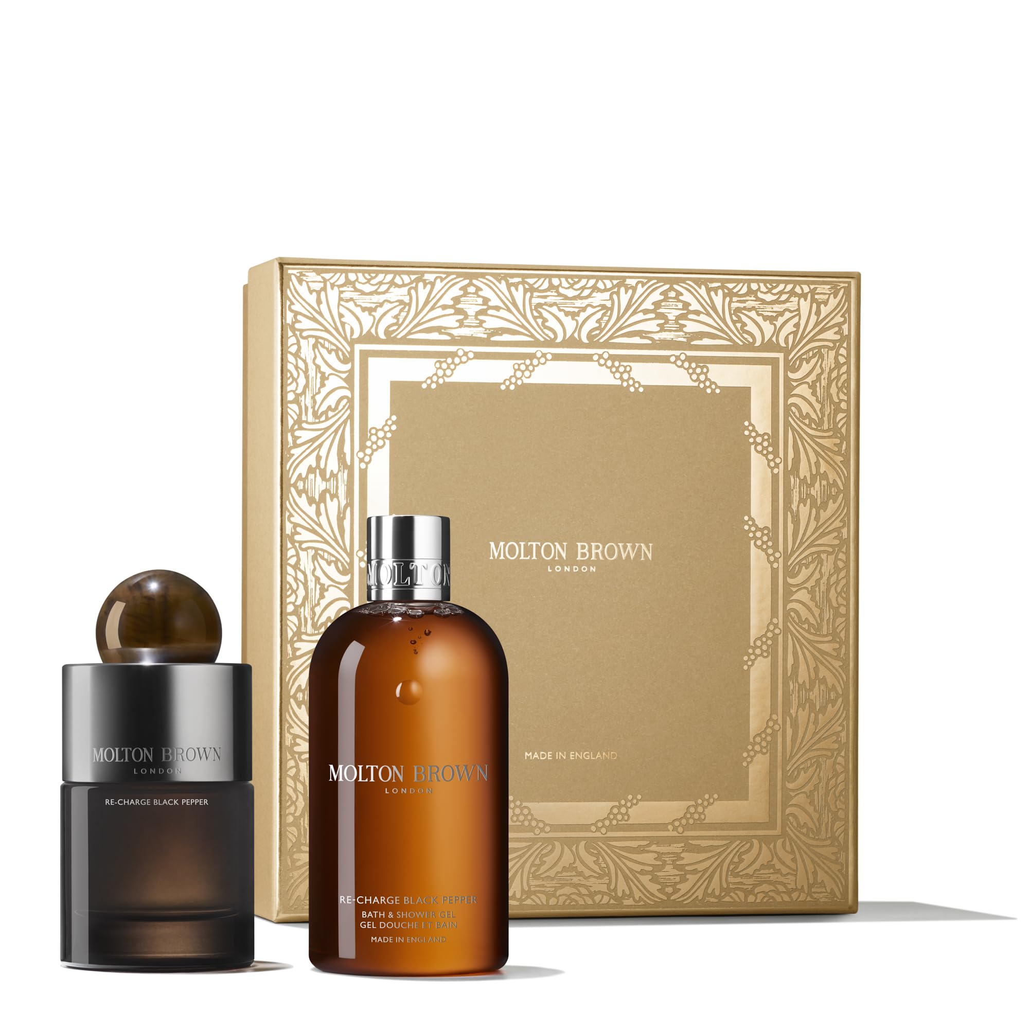 Molton Brown Re-charge Black Pepper Fragrance Gift Set - Eau de Parfum 3.3 fl. oz & Body Wash 10 fl. oz. Luxury Scented Body Care Gift Set