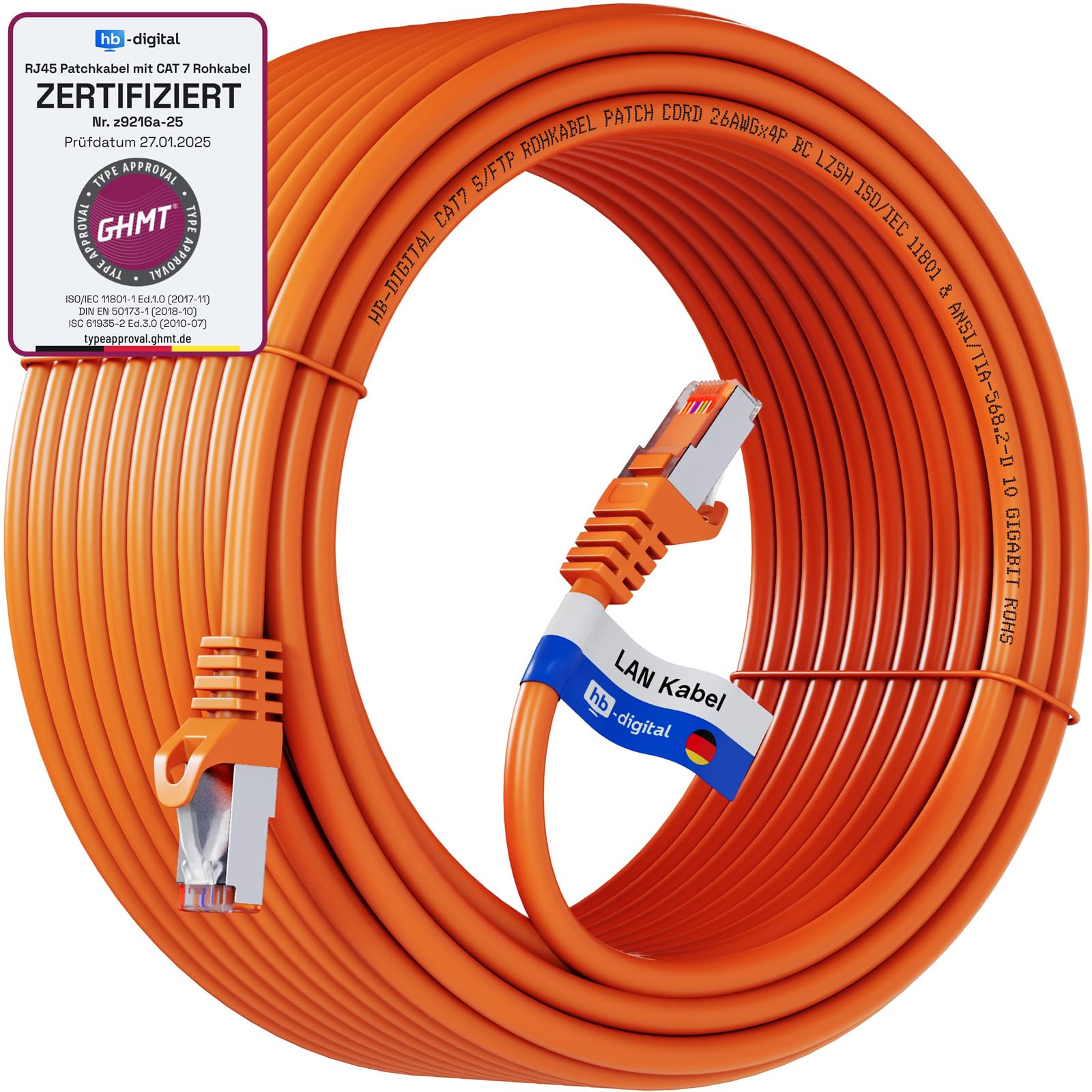 HB-DIGITAL 50m LAN Kabel CAT 7 Rohkabel RJ45 S/FTP Netzwerkkabel Ethernet Patchkabel bis zu 10 Gbps 600 MHz Kupfer Profi PiMF Kupfer für Patchpanel Switch Router Modem - Orange
