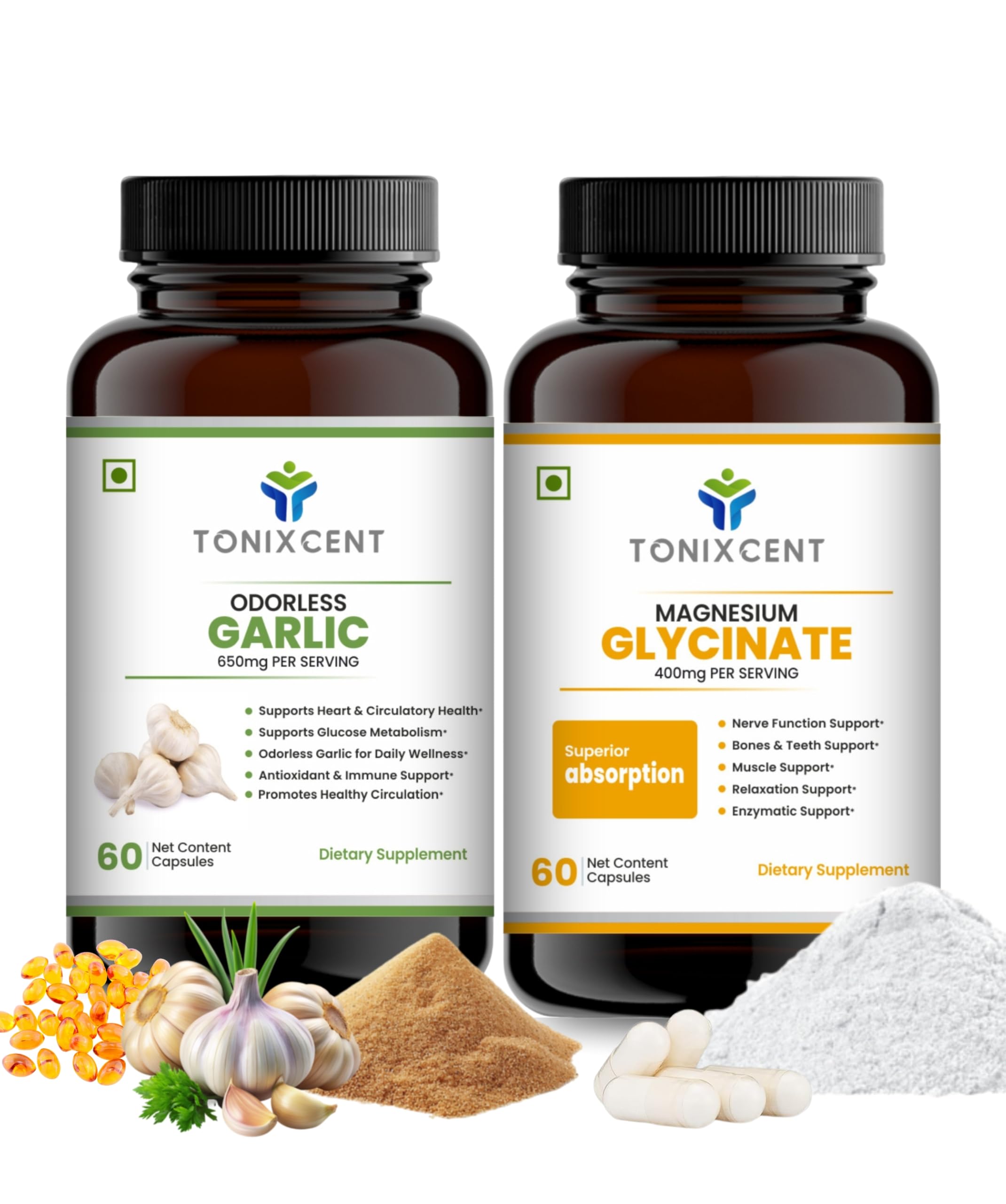 l carnitine garlic TONIXCENT Calm Digestion Blend | Garlic 650mg & Magnesium Glycinate 400mg Capsules | Supports Stress Relief, Heart Health & Muscle Recovery