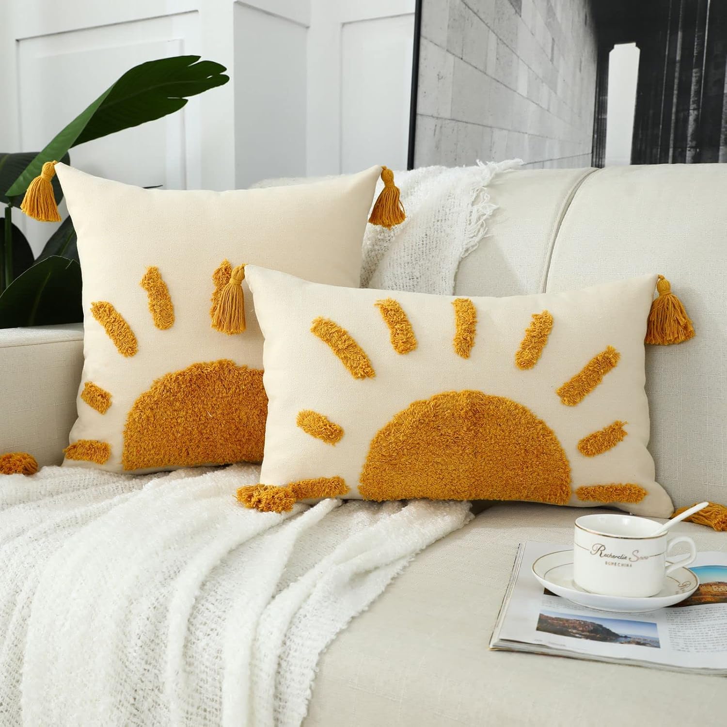 Set of 2 Boho Throw Pillow Covers 18x18, Woven Tufted Sun Decorative Pillow Covers with Tassels Moroccan Modern Pillowcase for Sofa Bedroom Living Room Home Decor, Yellow