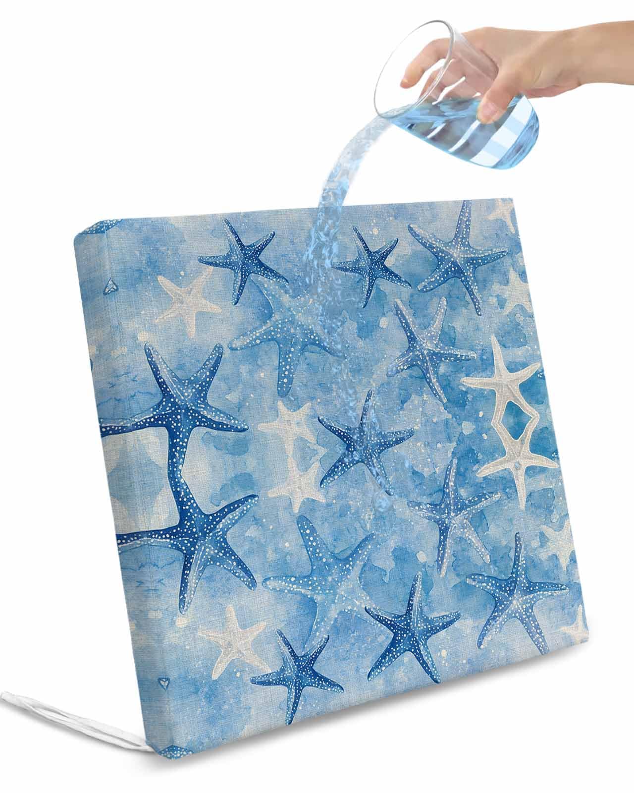 2 Pack Starfish Waterproof Cushion Covers with Ties, Outdoor Patio Chaise Lounge Chair Seat Cushion Slip Covers Replacement(Only Cover) Blue White Coastal Ocean Watercolor 20