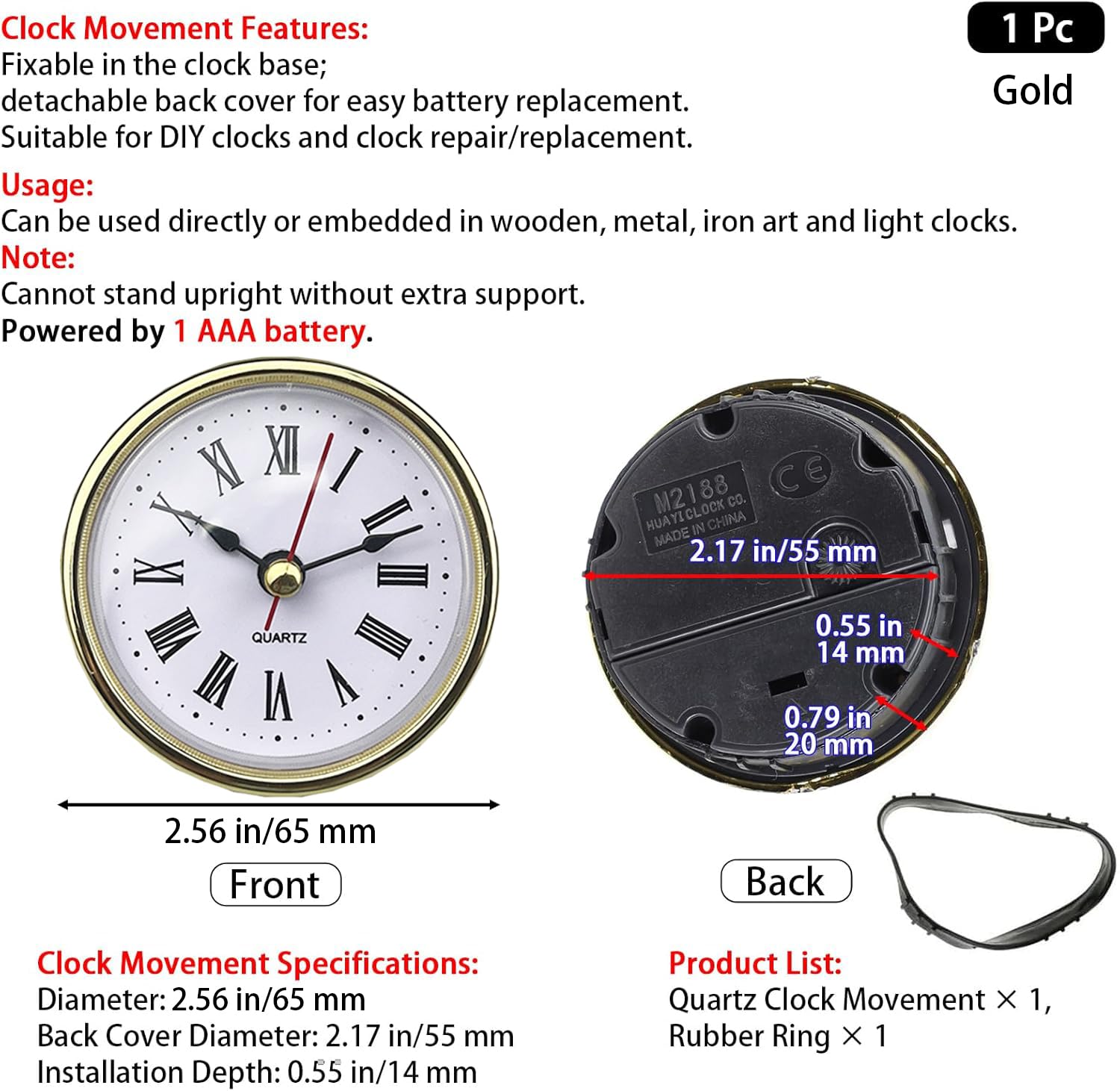 1 mini orologio da 65 mm, movimento rotondo, quadrante bianco, numeri romani, testa, mini decorazione per la casa (oro)