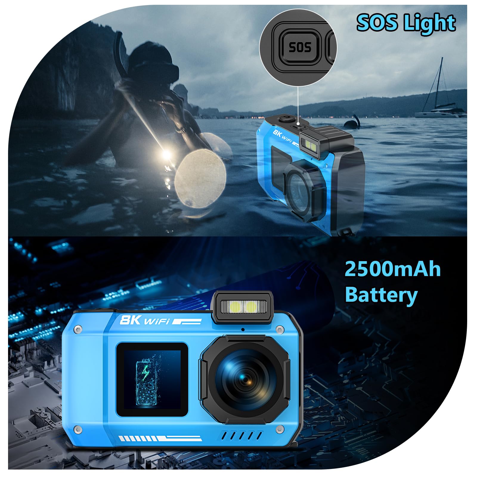 UHD 8K Unterwasserkamera, 70MP 33FT WiFi Wasserdichte Digitalkamera mit 64GB Karte, Autofokus Wasserdicht Dual-Screen Selfie 2500mAh Akku, 18X schwimmfähig Digital zum Schnorcheln, Blau