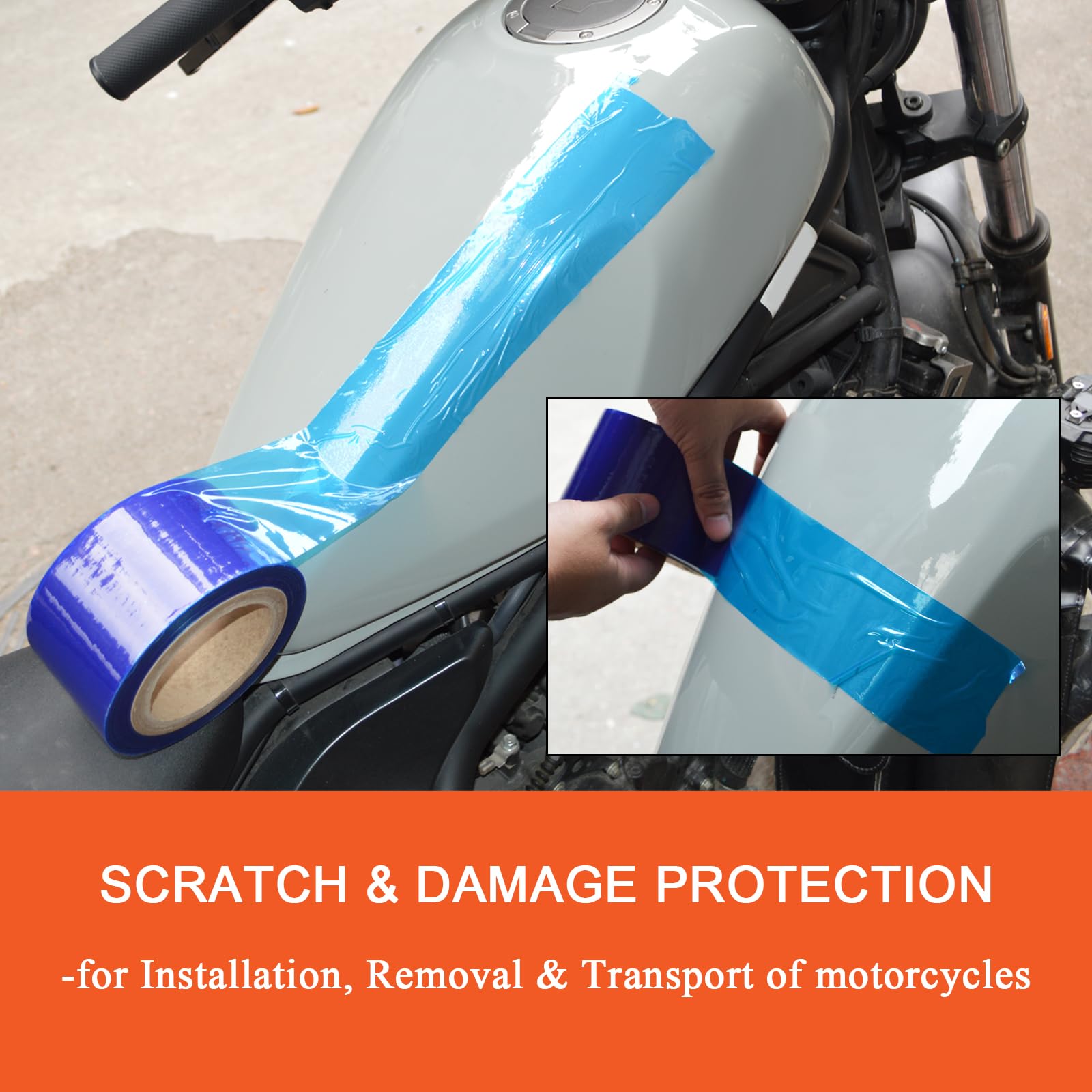 FOVPLUE Self Adhesive Surface Protective Film/Tape – 2.76in x 328ft, Blue Scratch Film Roll Universal for Motorcycle Installations, Painting, Removals, and Transport