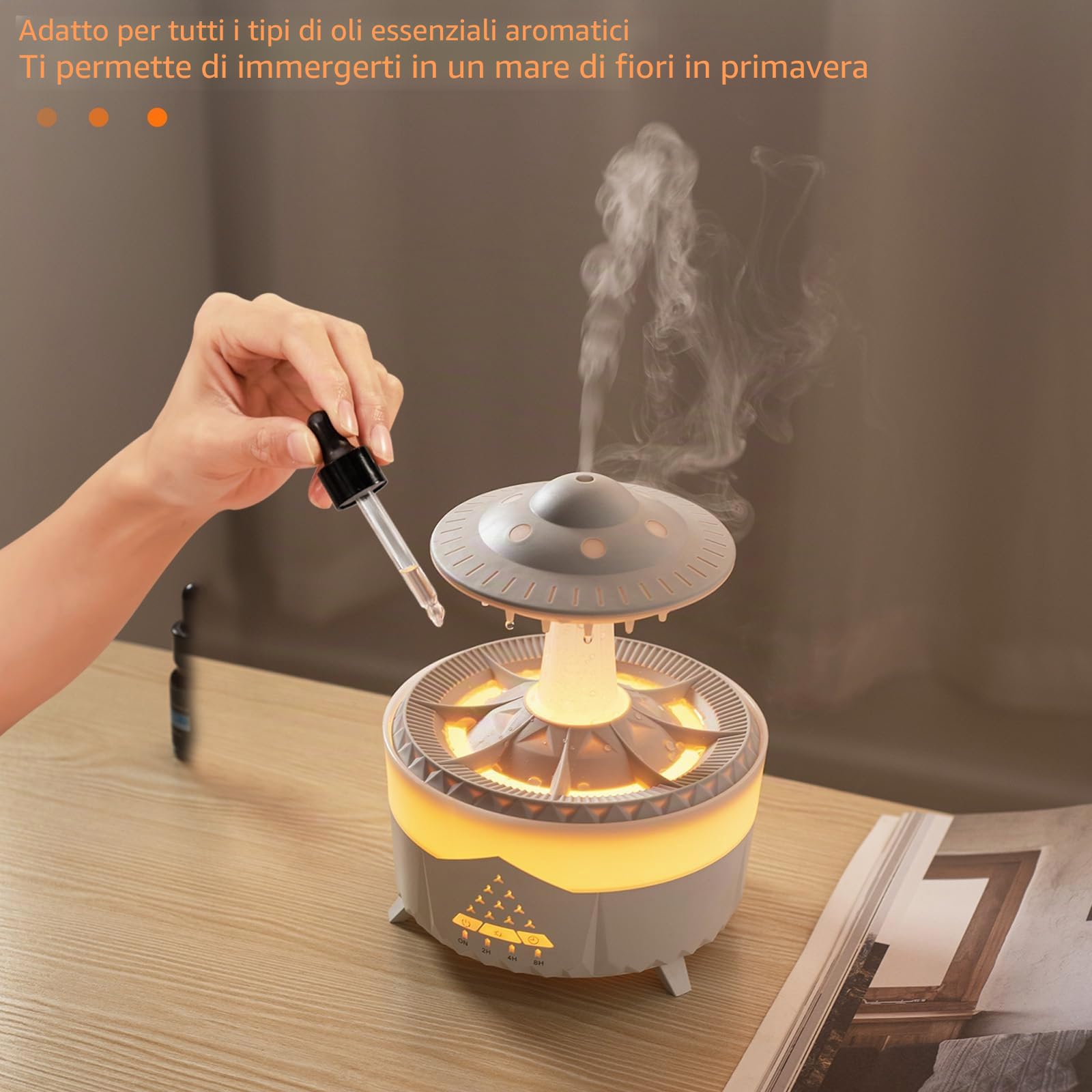 Umidificatore a Nuvola di Pioggia,3 in 1 Umidificatore Ambiente/Diffusore di Oli Essenziali/Luce Notturna a 7 Colori,2/4/8H Timer, Telecomando, 350 ml, per Camera da Letto e Bambini (Bianco)