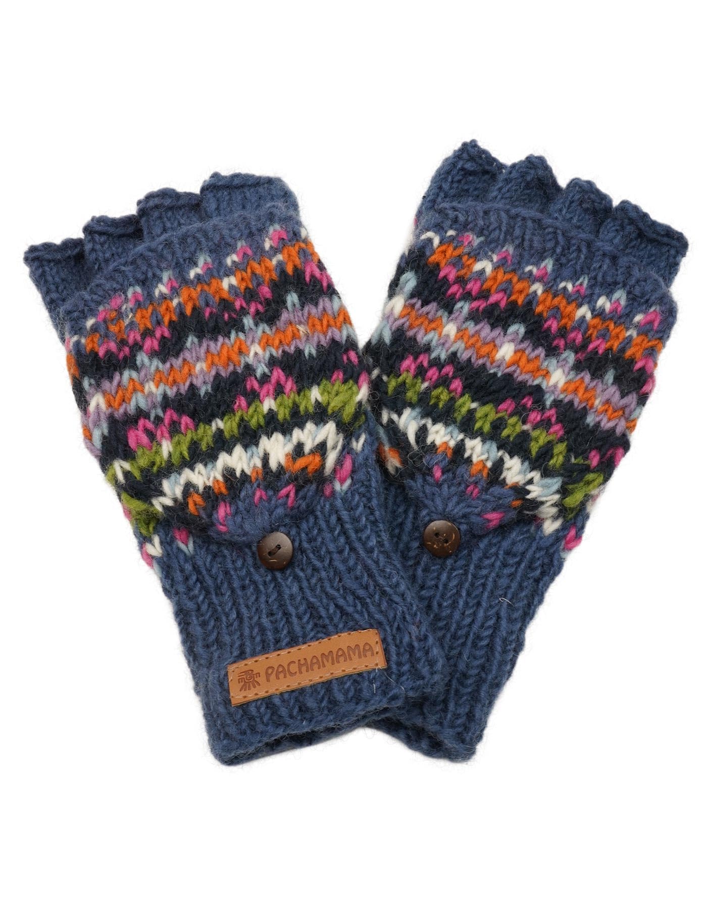 Pachamama Women Wool Fingerless Glove Mittens Handknitted Traditional Fairisle Colourful One-Size Handmade Extra Warm Fair Trade (Denim, One Size)