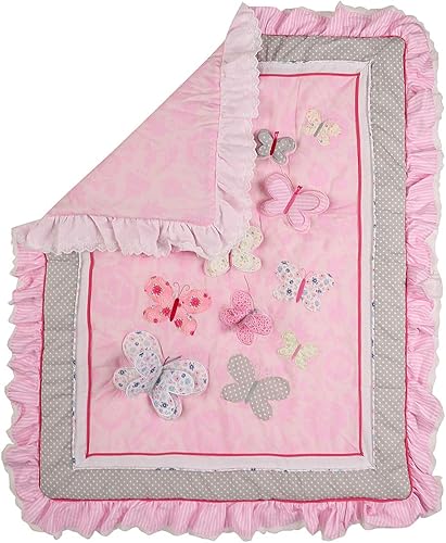 Miniatura 8 de Juego de ropa de cama de 2 piezas con bordado rosa con mariposas y sábana bajera para cuna de bebé niña