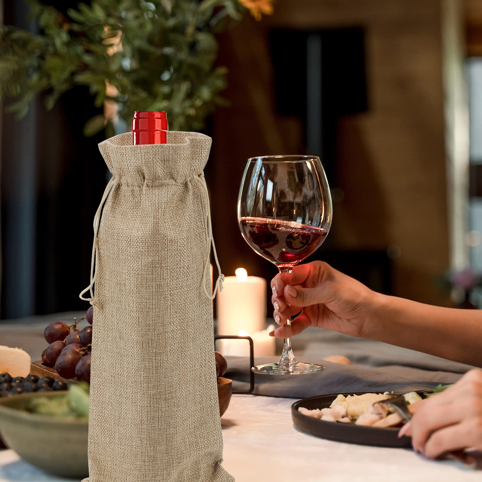 ZEONHAK 30 sacchetti regalo in juta, 15 x 35 cm, con cartellino e corda di canapa, copribottiglie di vino per matrimoni, feste di casa, Marrone, sacchetti regalo di vino di iuta