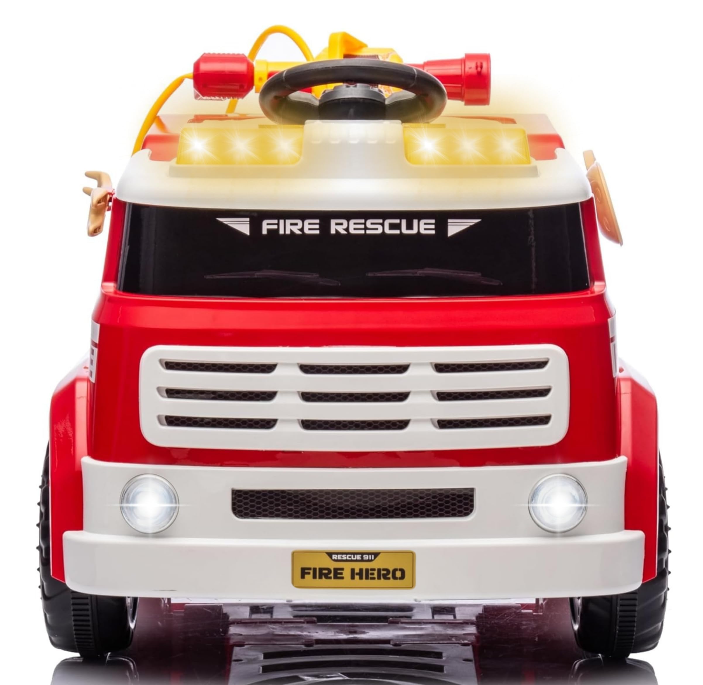 Camion Pompieri Cavalcabile Elettrico 12V per Bambini – Veicolo con Sirena, Luci Lampeggianti, Estintore ad Acqua, Microfono, Telecomando, Musica, LED, USB, Cintura di Sicurezza