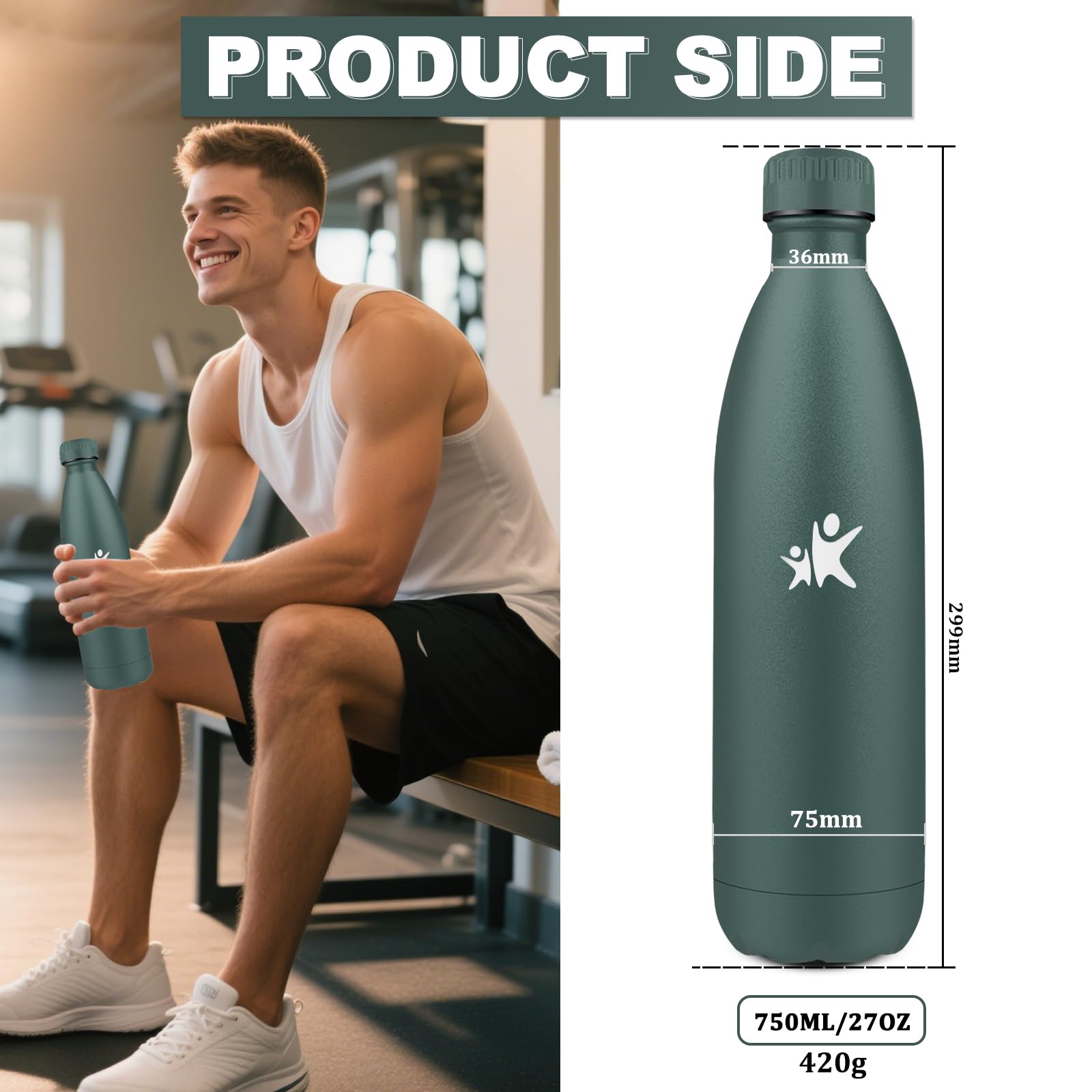 Borraccia- 0.75l- Borraccia Termica, Senza BPA, Borracce Acciaio Inox, Senza Perdite, Boraccia Termica, Thermos per Bevande Fredde o Calde, Borracce per Scuole, Viaggio, Sportio, Palestra