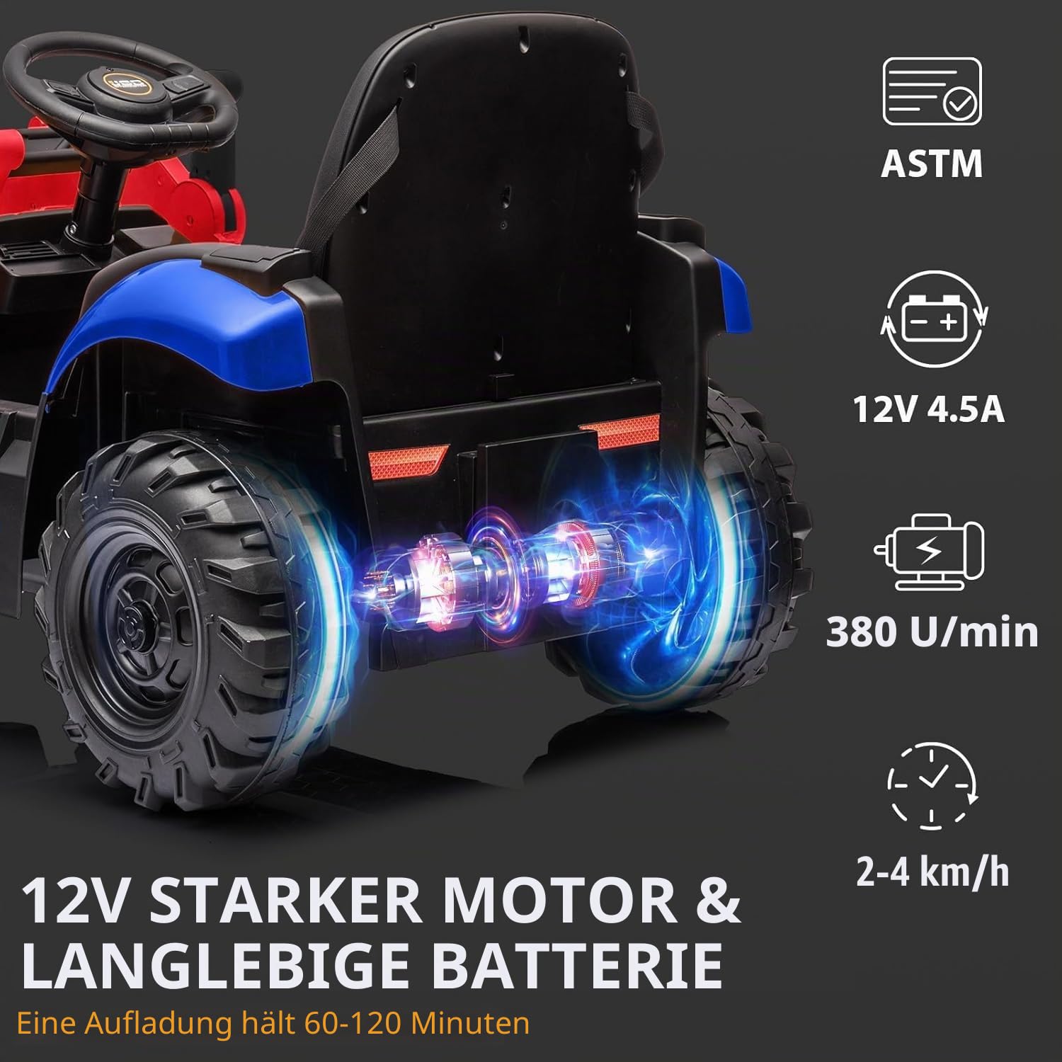 12V Elektro-Traktor für Kinder mit mechanischer Schaufel, Kinder-Traktor mit verstellbarem Arm, Ferngesteuerter Bagger mit abnehmbarem Dach, 2–4 km/h, für Kinder ab 3 Jahren, Rot und Blau