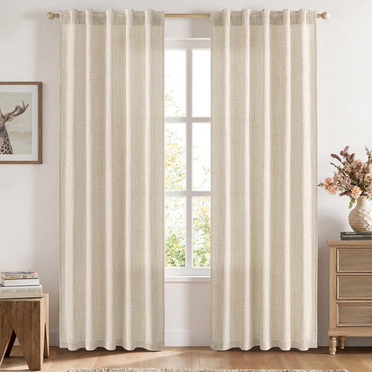MIULEE Faux Linen Curtains 84 Inch, 2 Panels Cream Beige