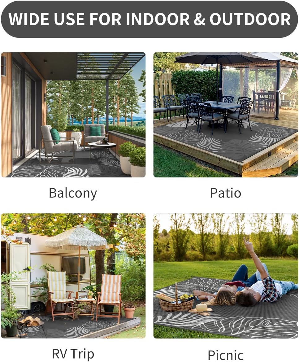 Size 9x12 Color Black and white COCOER Tropical Outdoor Rug 9x12 Reversible-Waterproof Patio Rug-Quick Dry Outdoor Carpet-Outdoor Area Rugs Indoor Outdoor Rugs-Outside Rug Patio Decor for Porch Deck Balcony Backyard