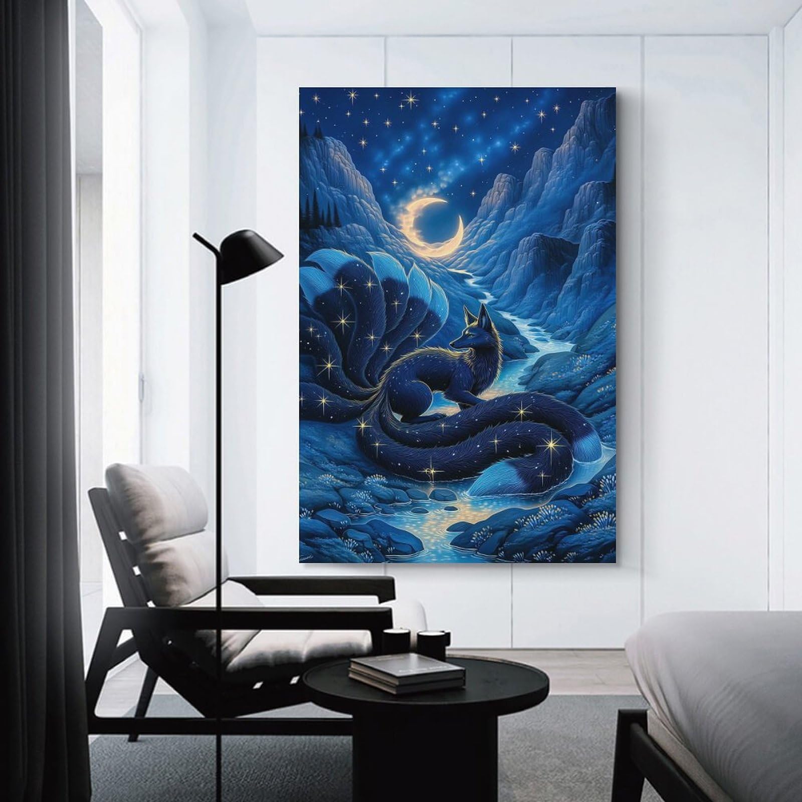 Junmoney Unframe-Style-22 Decorative Wall Artwork Mythical Fox Under A Crescent Moon, 24X36inch(60X90cm), For New Homes, Bedrooms Or Workspaces, Canvas Artwork With Gifting Potential