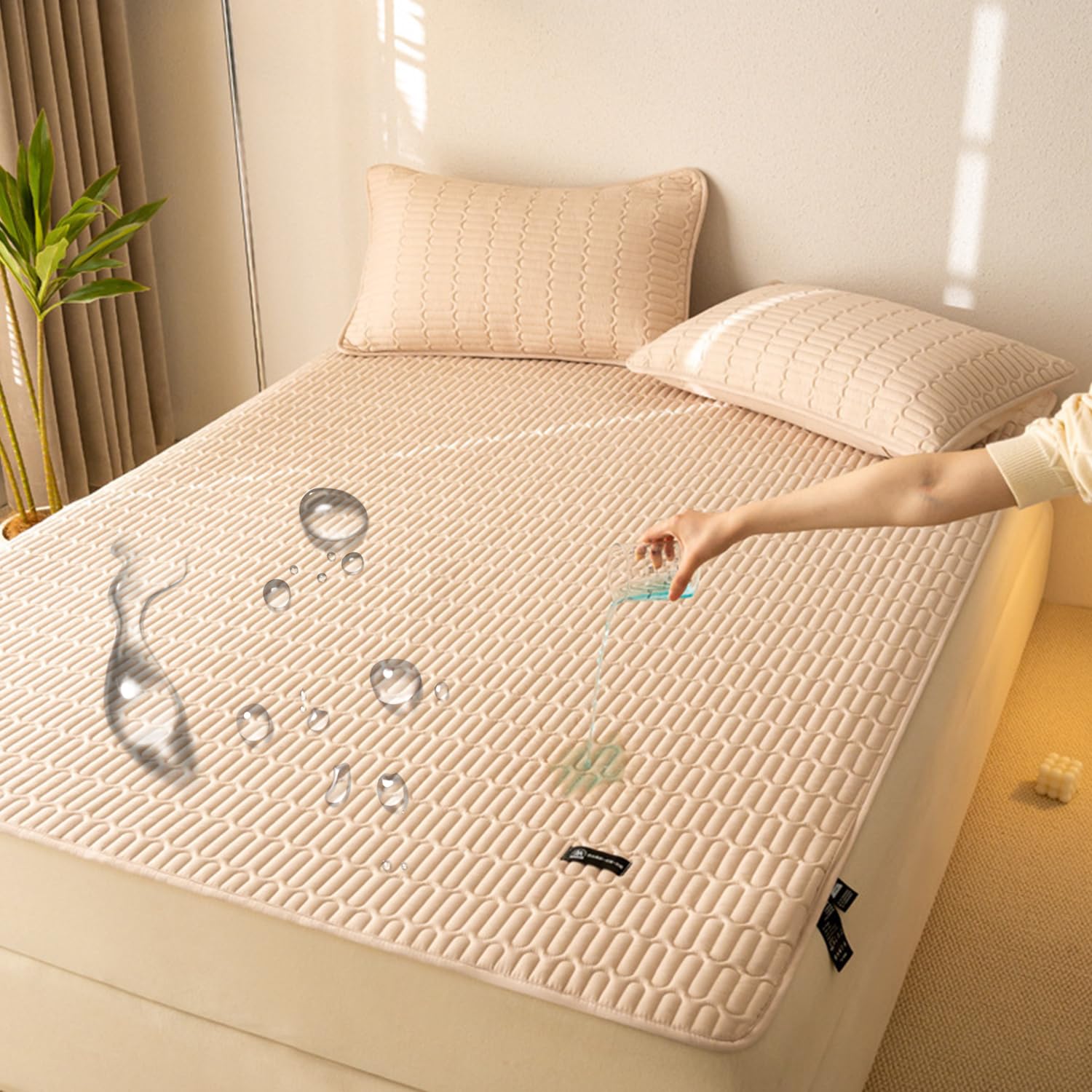 LDLCYCN ,B/coffee,150 * 200cm/QUEEN, Waterproof Mattress Pad Cover with Corner Strap Quilted Mattress Protector