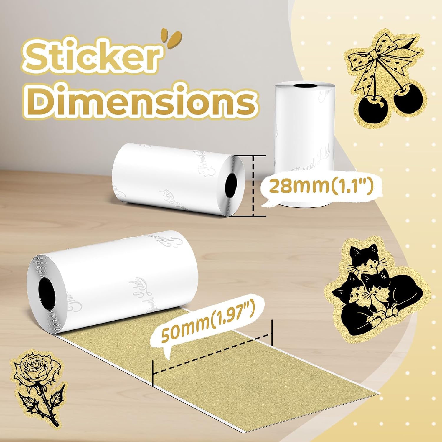 Phomemo Golden Self-Adhesive Thermal Paper, Glossy Printable Sticker Paper Label for Phomemo M02/M02 Pro/M02S/P2S/M03/M04S Mini Sticker Printer, 50mm x 3.5m, Diameter 28mm, 3-Rolls