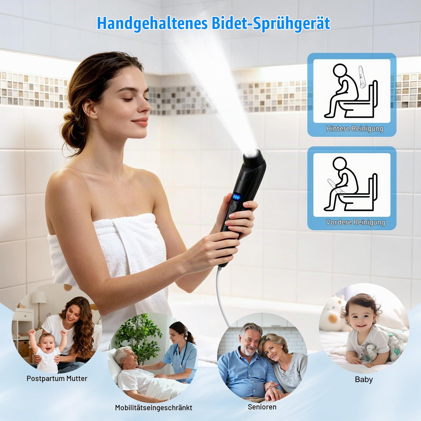 Portable Bidet 2,5L mit USB-Aufladung, Elektrische Po-Dusche mit verstellbarem Sprühkopf, Bidet Portable für Hygiene unterwegs, inkl. Schlauch, Sprühkopf, Ideal für Zuhause, Camping, Reisen Schwarz