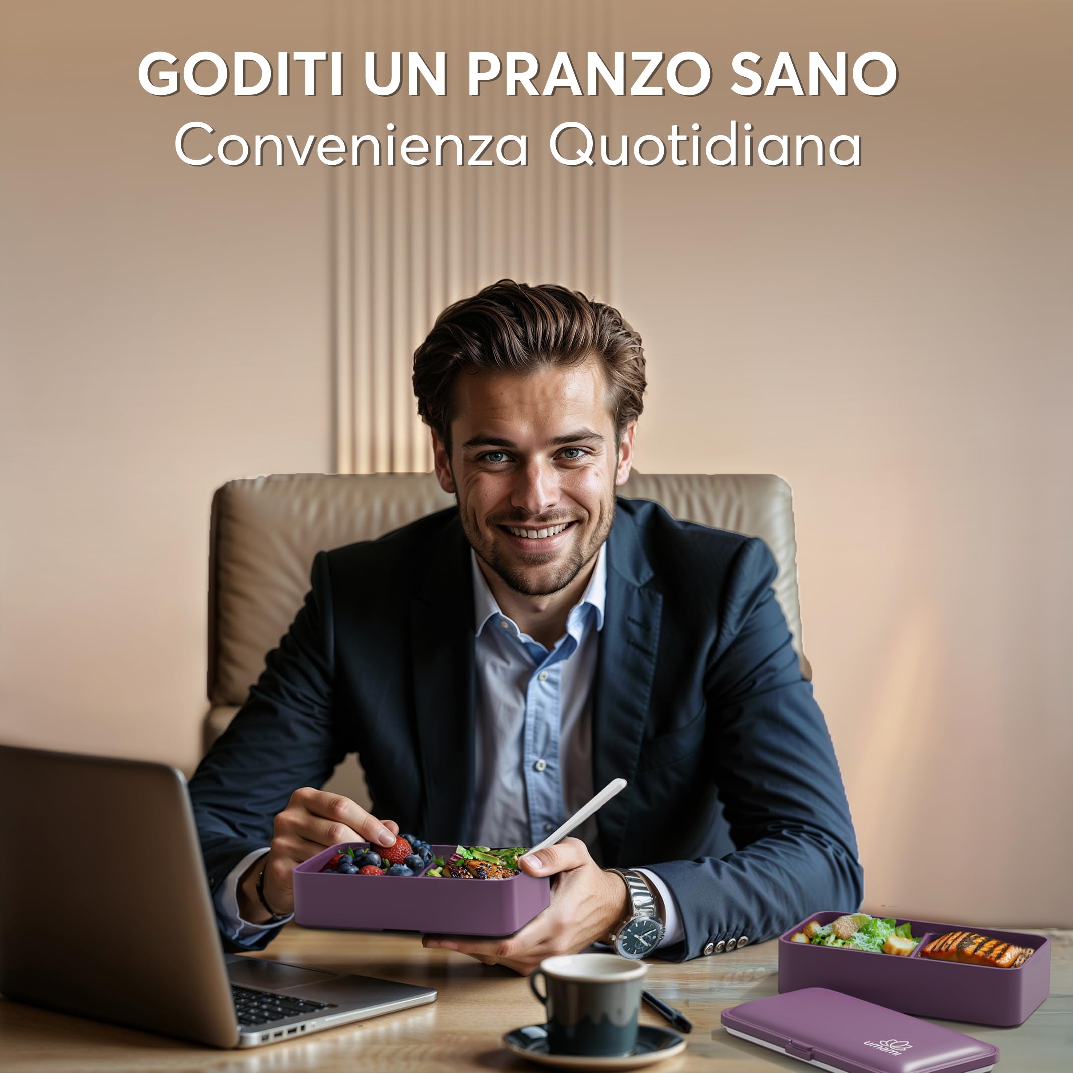 Umami Porta Pranzo Lunch Box Ermetico 4 Scomparti e Posate, Sicuro per Microonde Lavastoviglie, Portapranzo Ufficio Bento Lunchbox Prova di Perdite per Adulti Schiscetta Pranzo, Viola Reale, 1200 ml