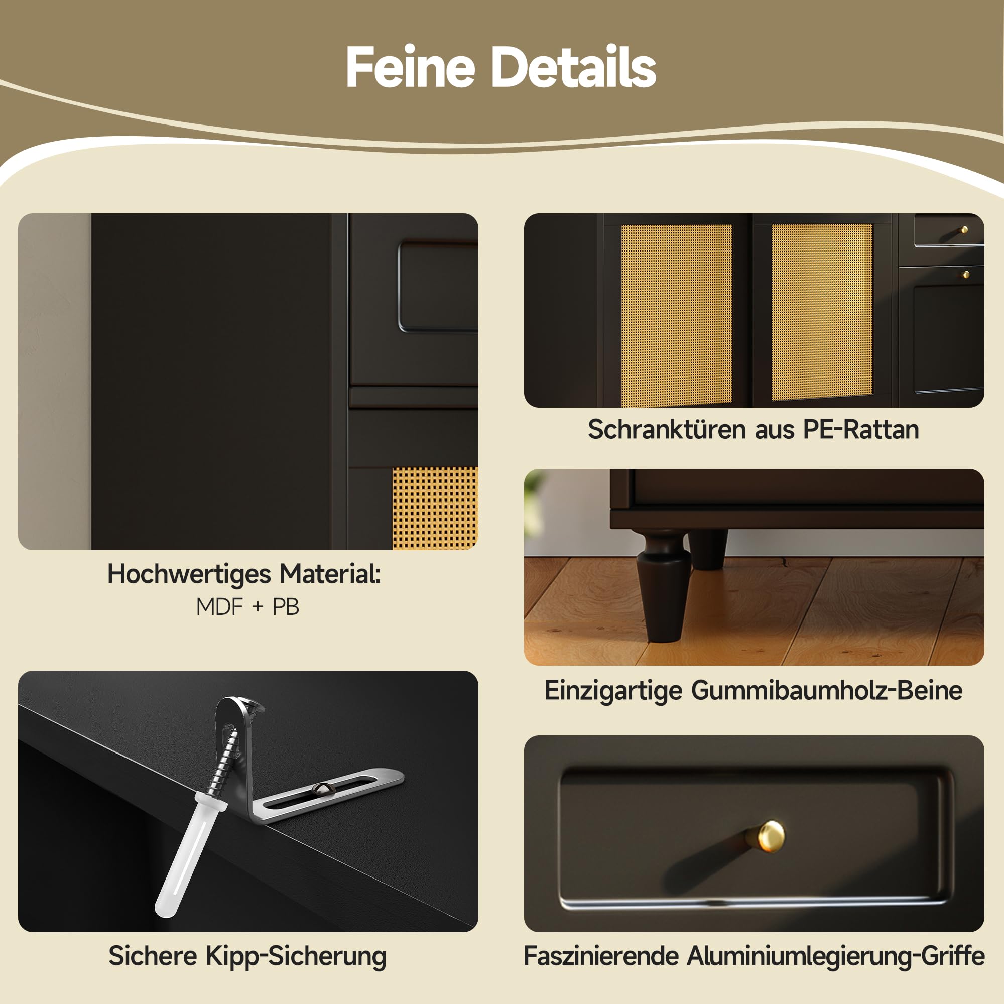 Küchenschrank, Hochschrank,Vitrinenschrank, Buffetschrank mit Verstellbaren Ablagen, Esszimmerschrank mit 3 Schubladen,Sideboard mit LED-Beleuchtung, PE-Rattan, schwarz