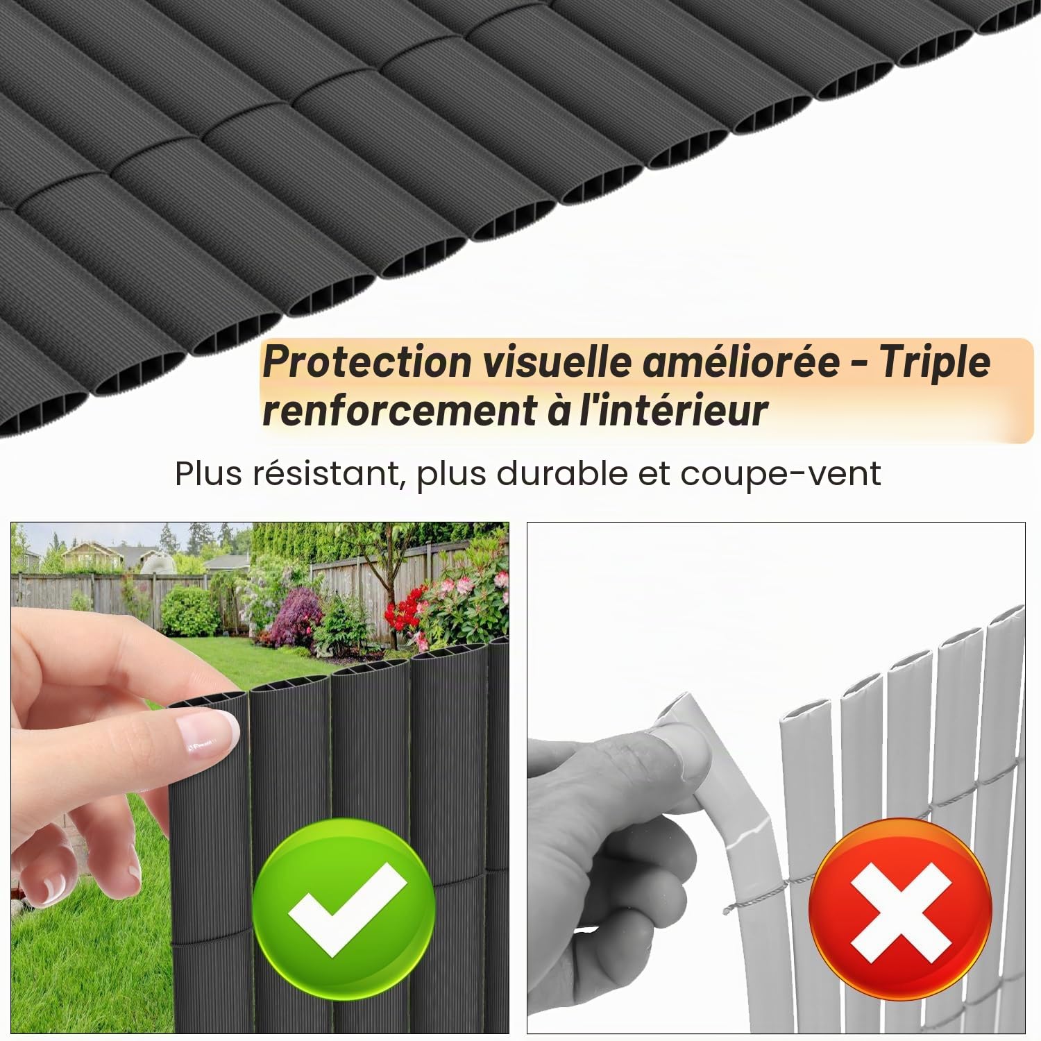 Lot de 2 tapis brise-vue en PVC - 160 x 500 cm - Coupe-vent - Design triple renforcé pour jardin, balcon, terrasse - Clôture brise-vue résistante à la moisissure - Avec sangles de serrage -