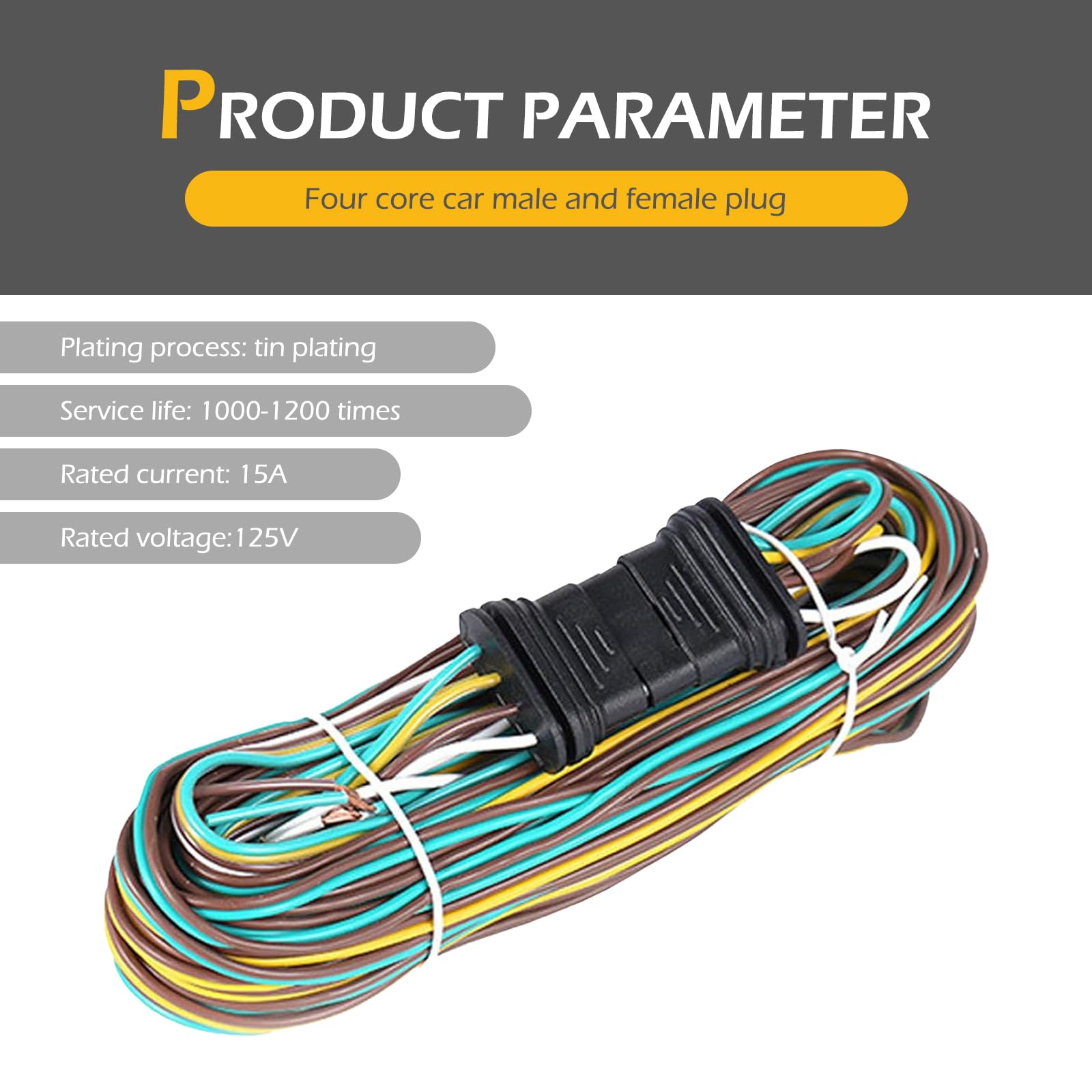 Diamall Car Trailer Wiring Harness, 25Ft 4 Pin Flat Wiring Harness Extension Kit, Rubber-Coated Plug Towing Hitch Wiring, Trailer Power Cord, Universal Cars Trailers Boats Accessories (Multicolored)