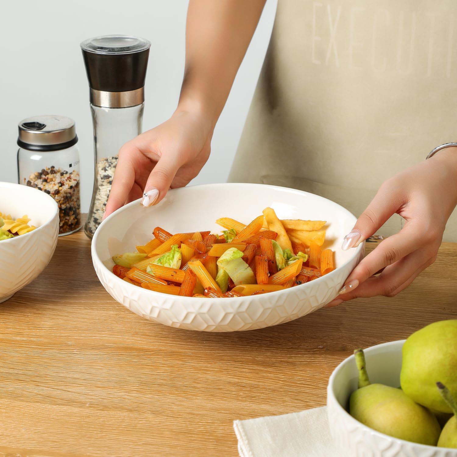 Sureasy Pasta Bowls Set of 4-30oz Large Ceramic Embossed Bowl Plates, 8.5 Inch Wide and Shallow Plate Bowls, Salad Bowl, Microwave, Oven & Dishwasher Safe, White - Image 6