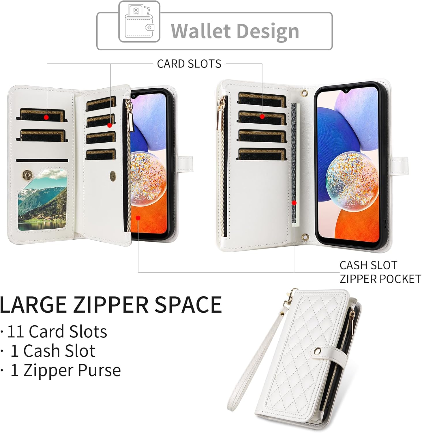 Dswteny Wallet Case for Samsung Galaxy S24/S25 5G with Wrist Strap Flip Zipper Credit Card Holder Soft Stand Accessories Argyle Pattern Phone Cover for S 24 24S 25 25S G5 SM-S931U Women Girls White - Image 4