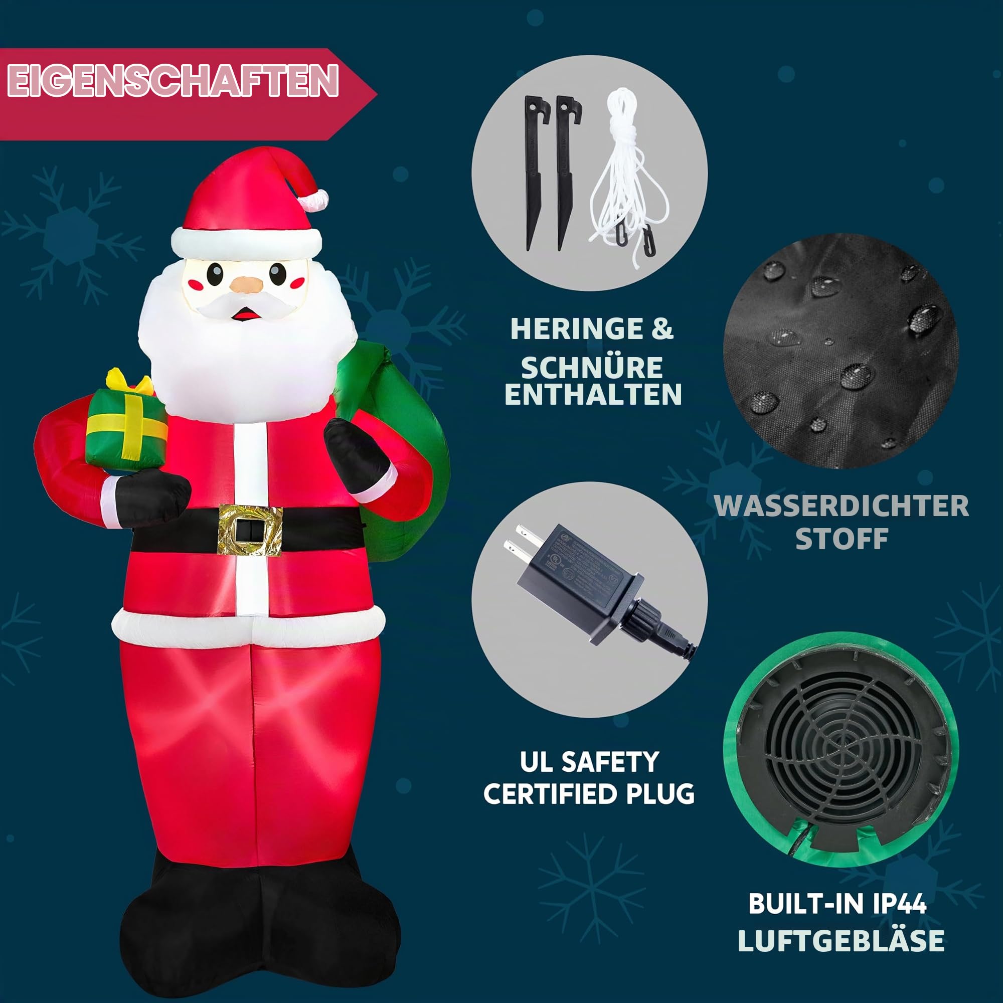 JOIEDOMI 3.65M/12FT hoher riesiger aufblasbarer Weihnachtsweihnachtsmann mit Geschenken, Weihnachtsdekoration mit eingebauten LEDs für Weihnachtsdekorationen im Freien, Hof, Innen- und Außenbereich