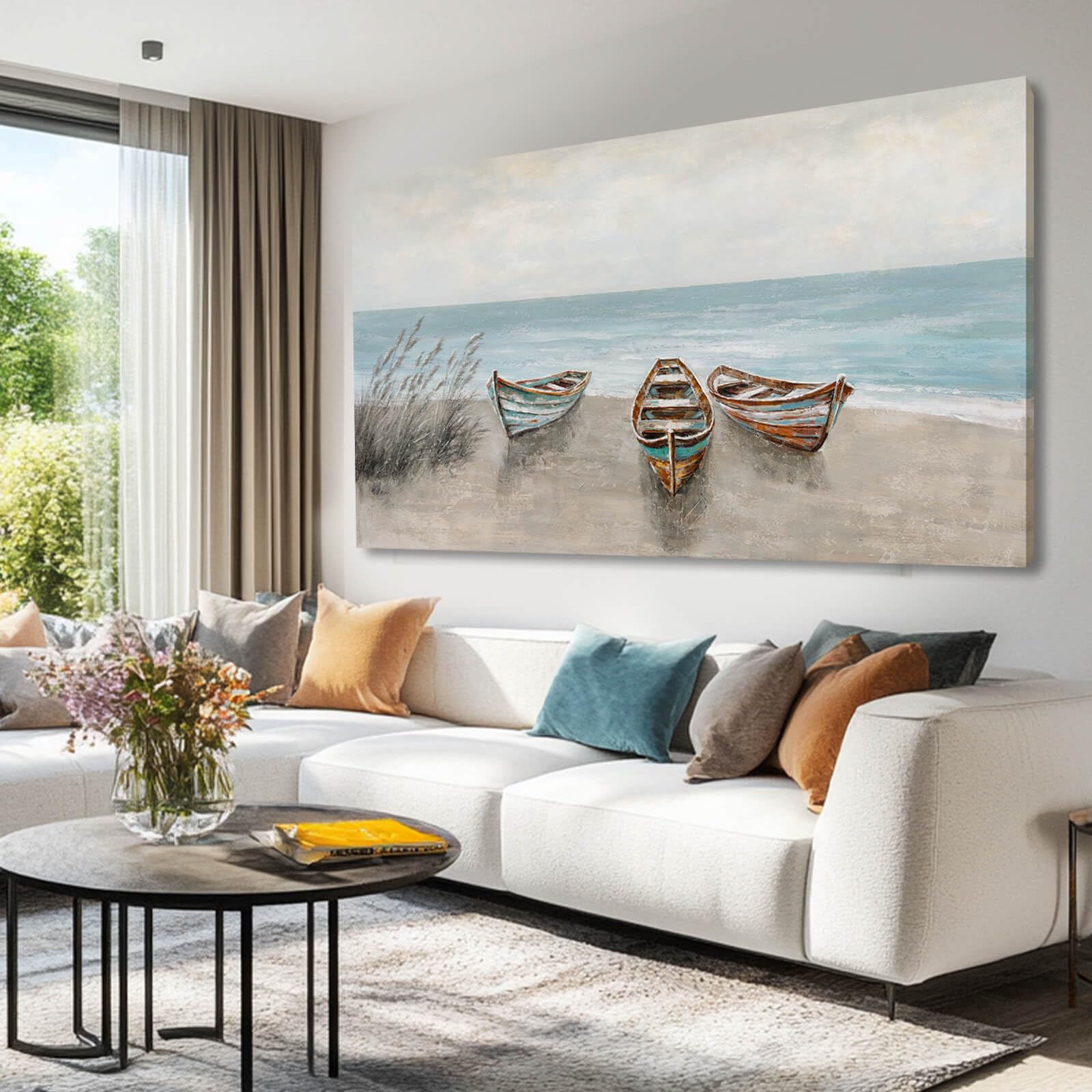 WINKAILIN Large Landscape Wall Art Blue Ocean Pictures Wall Decor Wooden Boat Painting Artwork for Walls Living room Office Home Decoration 29x58 Inch