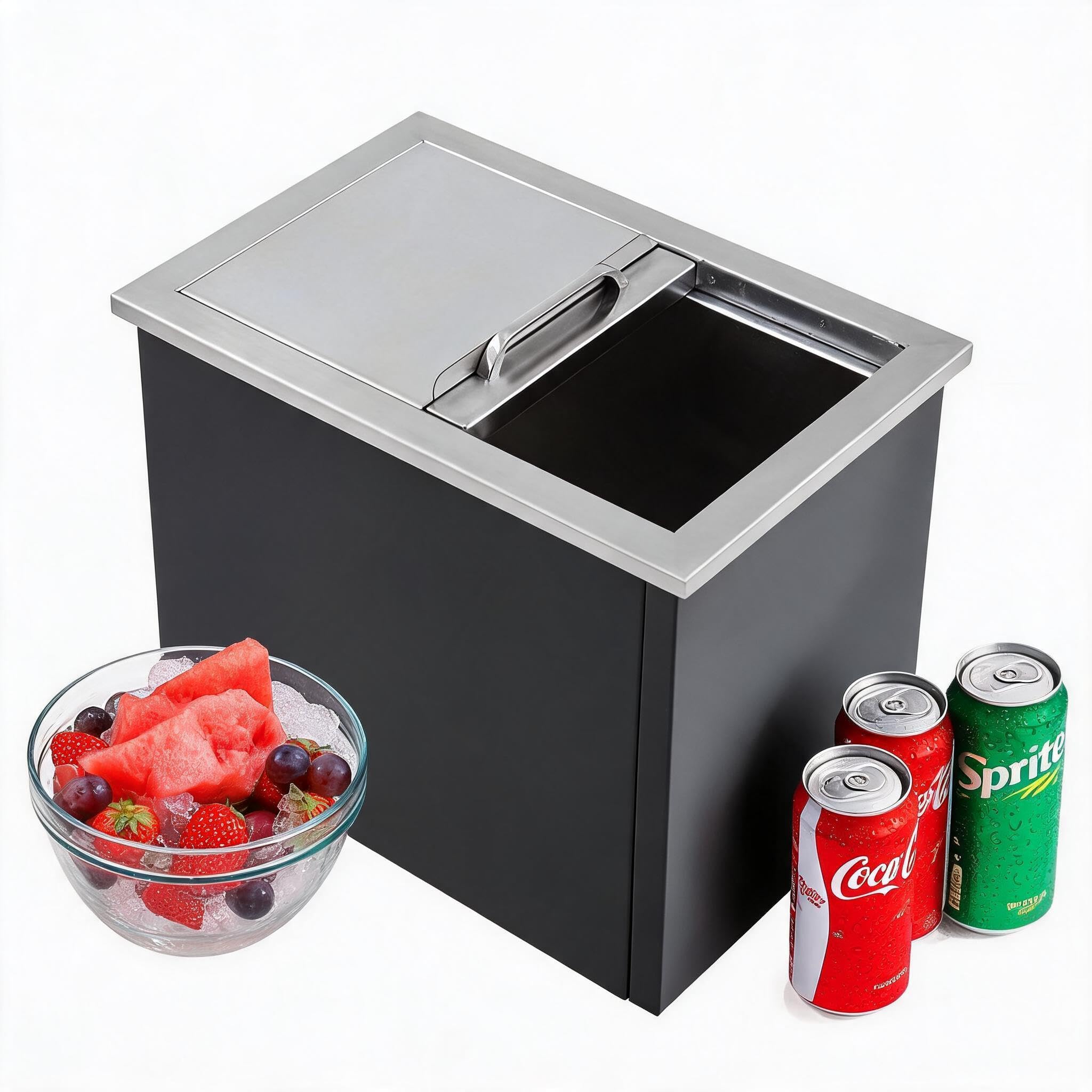 Großer Edelstahl Drop-in Eisbehälter Outdoor – 28QT, Isoliert, mit Schiebeabdeckung & Ablauf, Perfekt für Gartenküche, BBQ, Bar & Picknick – Schwarz & Silber, 27×18×21 Zoll, Sliding | Die Materialien sind umweltbewusster gewählt.