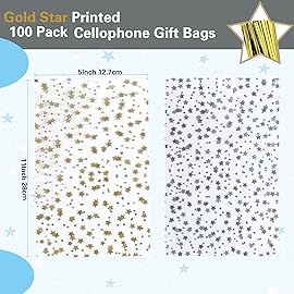 COQOFA 100 Pcs Star Printed 5X 11 Gift Wrap Cello Cellophane Treat Bags Party Favor bags Clear Candy Cookie Bags Plastic Poly Goodie Storage Bags with Twist Ties for Bakery,Birthday, Wedding ,Party Decorations (Gold)