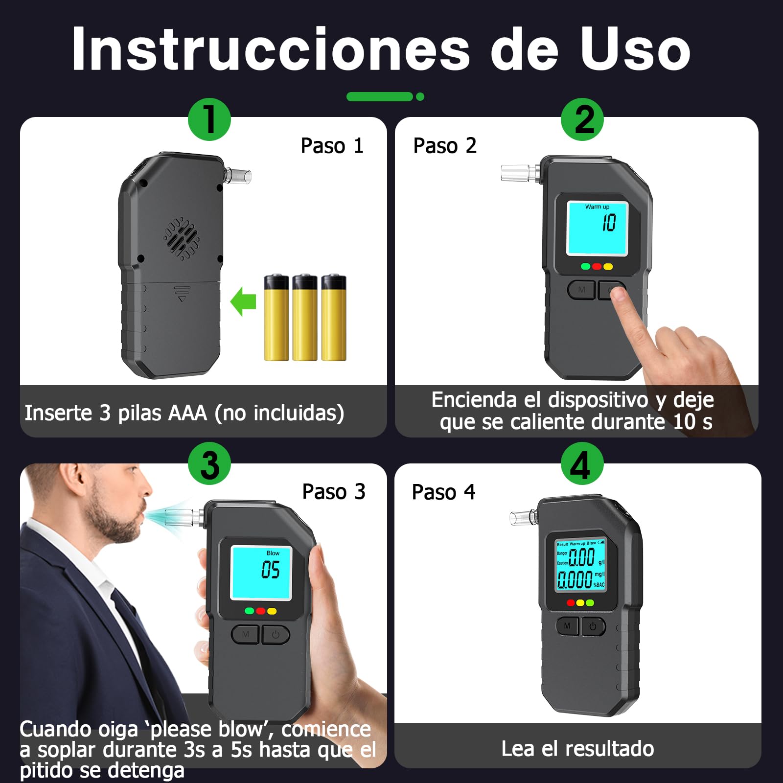 Dusefogo Alcoholímetro Homologado DGT, Test de Alcoholemia con Pantalla LCD y 20 Boquillas, Alcolimetros Personal para Uso Doméstico y Profesional Comprobador de Alcohol — view 5