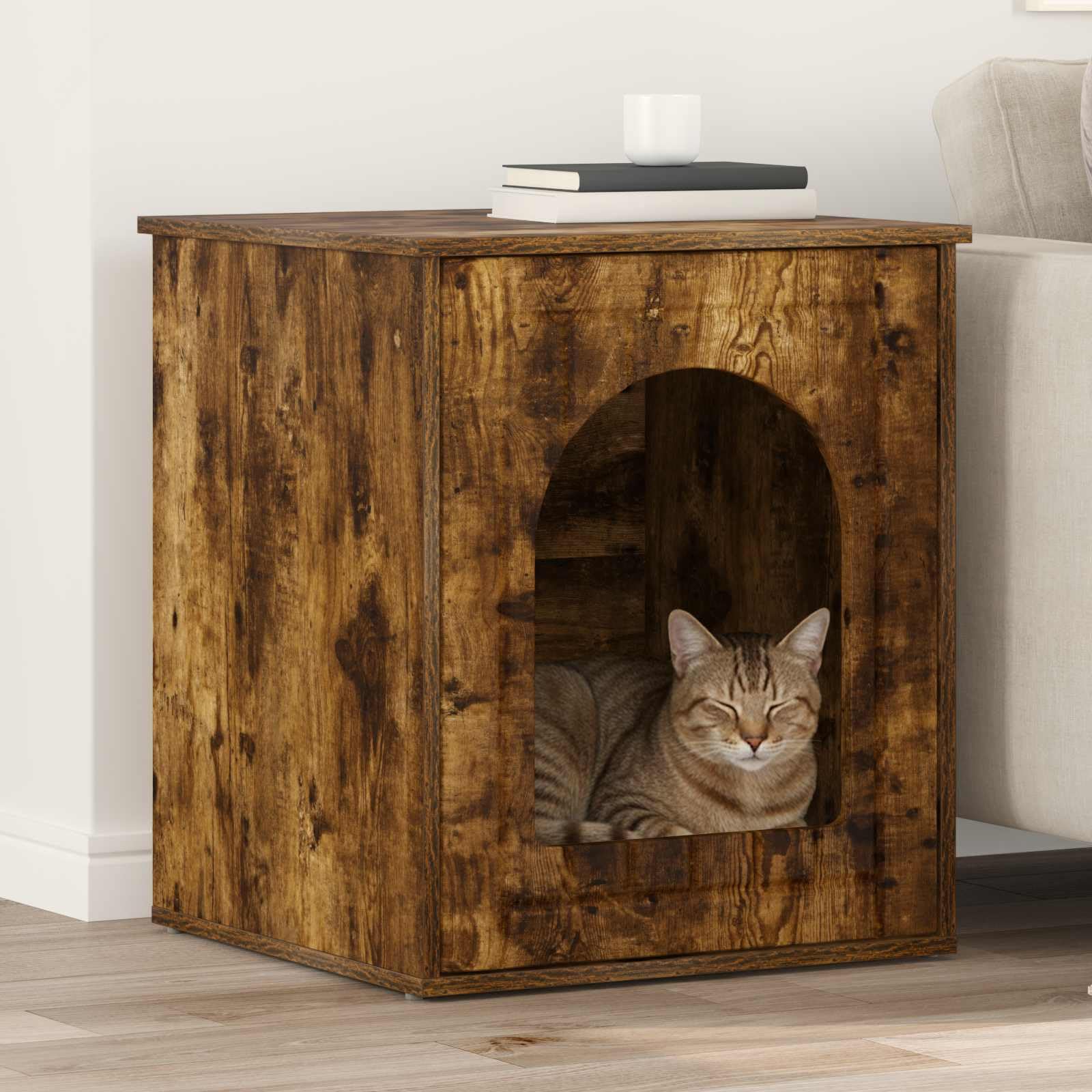 Katzenhaus Holzwerkstoff,Moderne Katzenhöhle für Drinnen, Katzenmöbel Katzenbox mit stabilem Design für das Wohnzimmer, Geräucherte Eiche, 53 x 52 x 62 cm