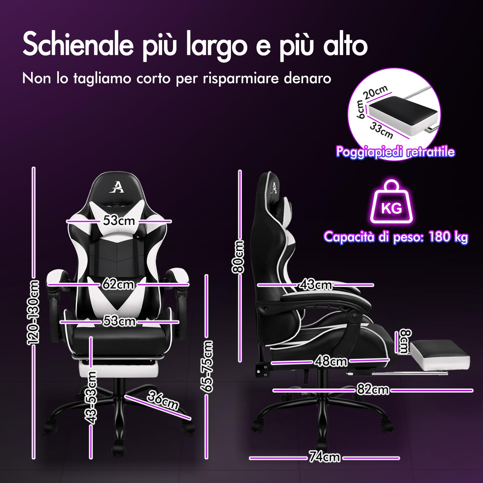 ALFORDSON Sedia Gaming Massaggiante, Sedia Professionale Gamer con Cuscino Lombare & Poggiatesta, Ergonomico Poltrona da Ufficio Schienale Regolabile 90-150°, Portata 180 kg, Similpelle(Bianca)