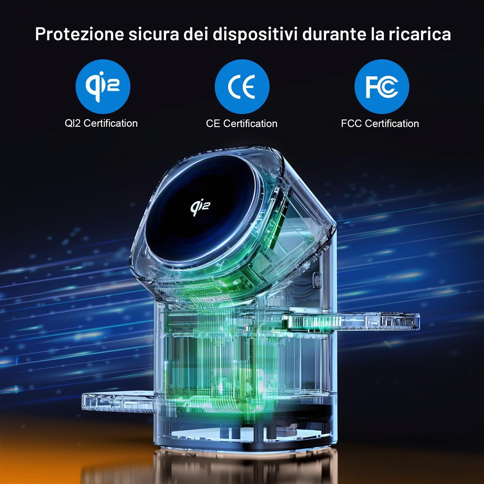 Stazione di ricarica a induzione 3-in-1 QI2, di ricarica wireless, la ricarica rapida, supporto per telefono compatibile con iPhone, AirPods, iWatch, con ventola di raffreddamento 33 W argento