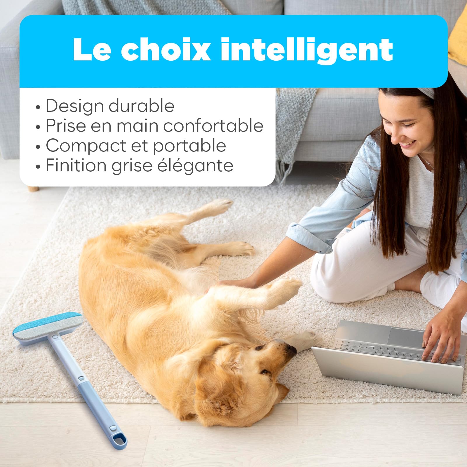 Brosse a Poils Animaux, Ramasse-Poils Réutilisable pour Canapé, Tapis & Textiles, Manche Amovible, Brosse de Détail Intégrée, Facile à Nettoyer